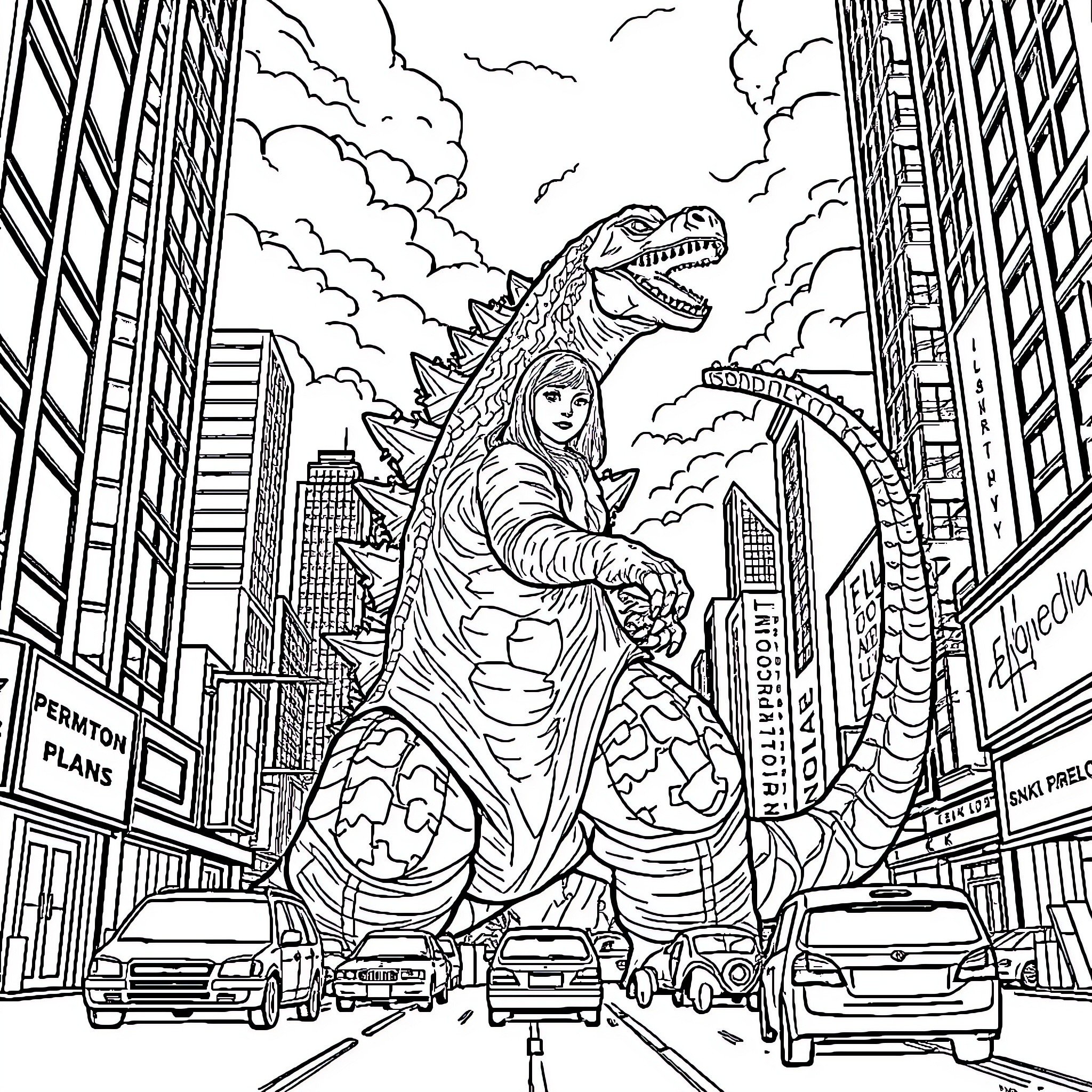 Godzilla rampaging through the city with a civilian Coloring Page (free black-and-white line drawing printable PDF for all, from beginners to advanced learners, including children, teens, adults, and seniors)