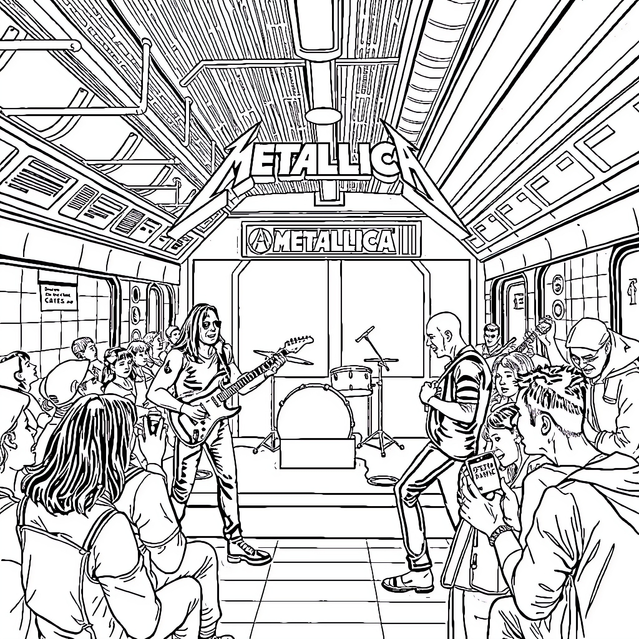 Metallica performing on stage with fans Coloring Page (free black-and-white line drawing printable PDF for all, from beginners to advanced learners, including children, teens, adults, and seniors)