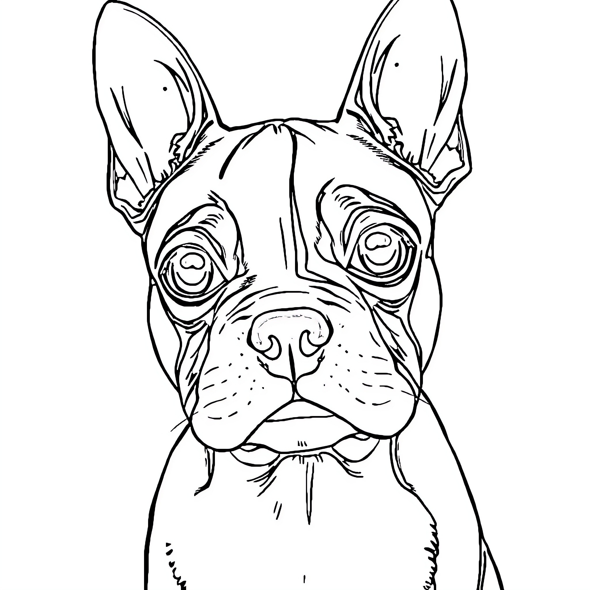 Boston Terrier with an attentive expression Coloring Page (free black-and-white line drawing printable PDF for all, from beginners to advanced learners, including children, teens, adults, and seniors)