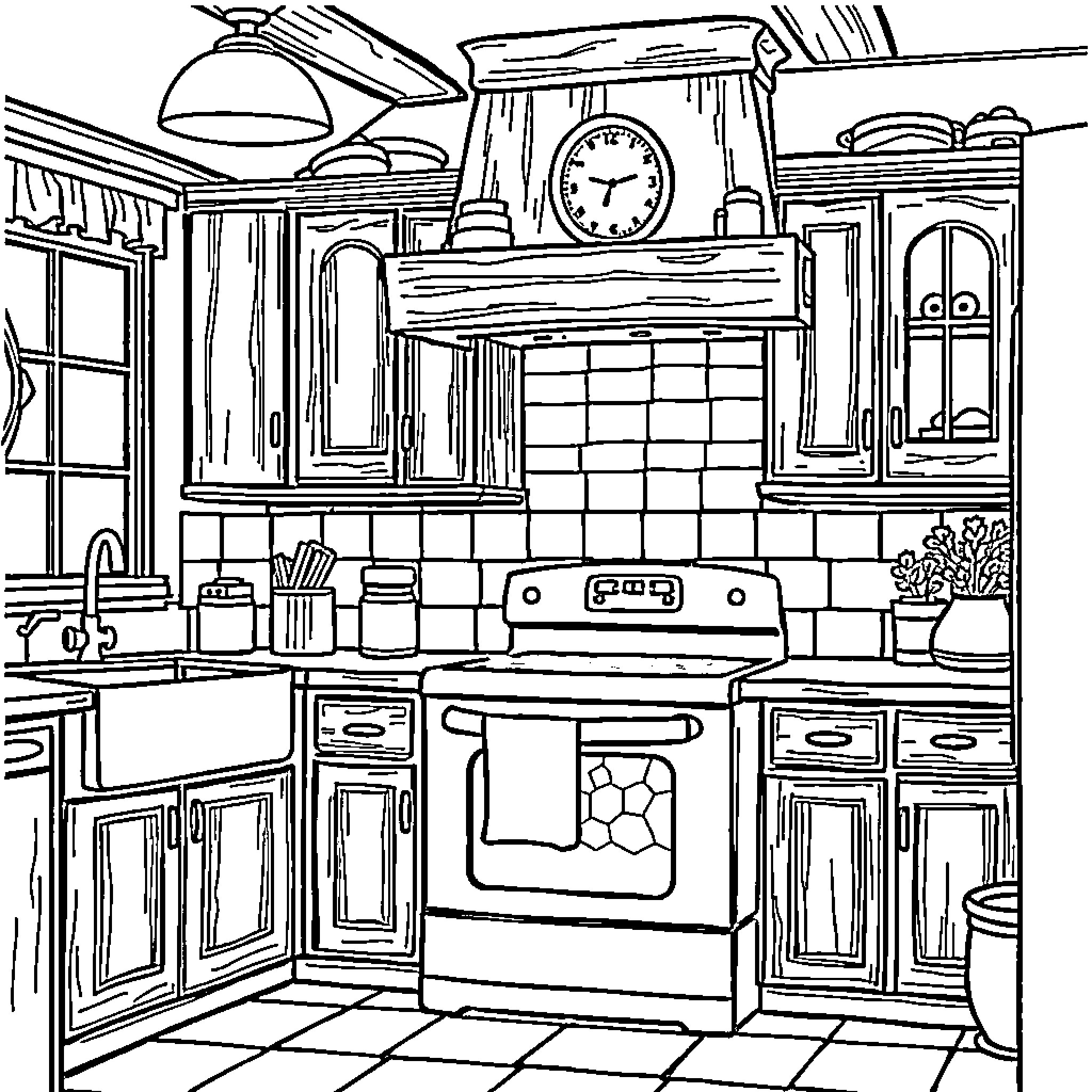 Kitchen with Appliances and Decor Coloring Page (free black-and-white line drawing printable PDF for all, from beginners to advanced learners, including children, teens, adults, and seniors)