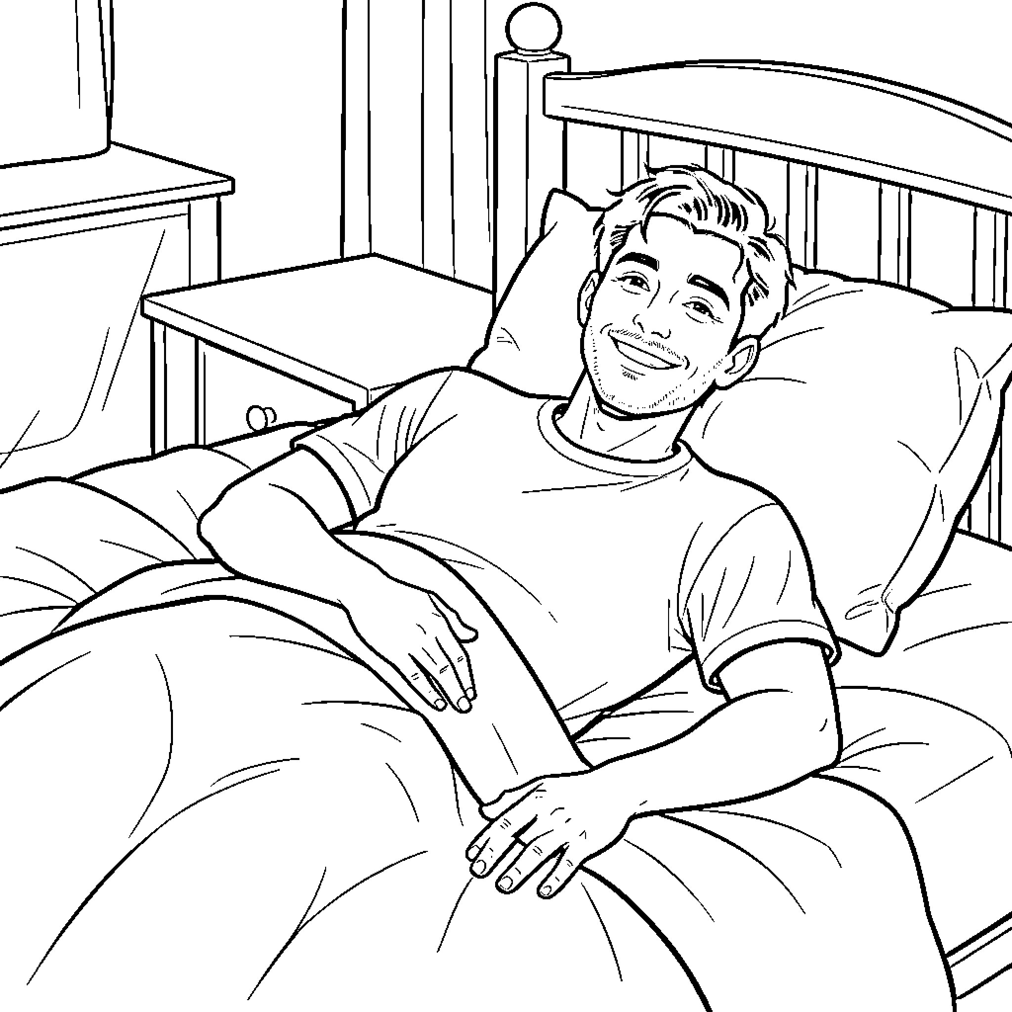 Alex Warren relaxing comfortably in his bedroom Coloring Page (free black-and-white line drawing printable PDF for all, from beginners to advanced learners, including children, teens, adults, and seniors)