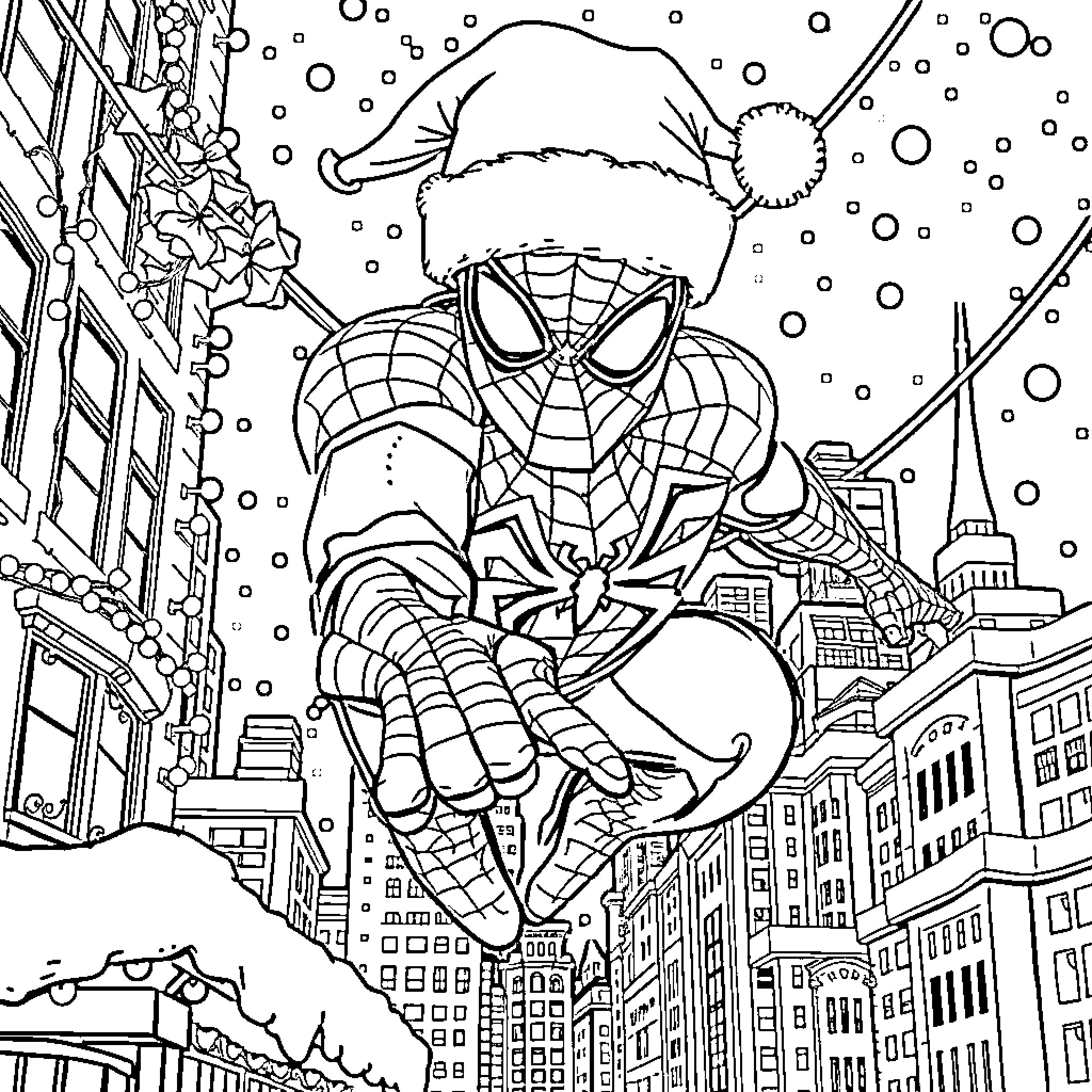 Spiderman swinging through the snowy city Coloring Page (free black-and-white line drawing printable PDF for all, from beginners to advanced learners, including children, teens, adults, and seniors)