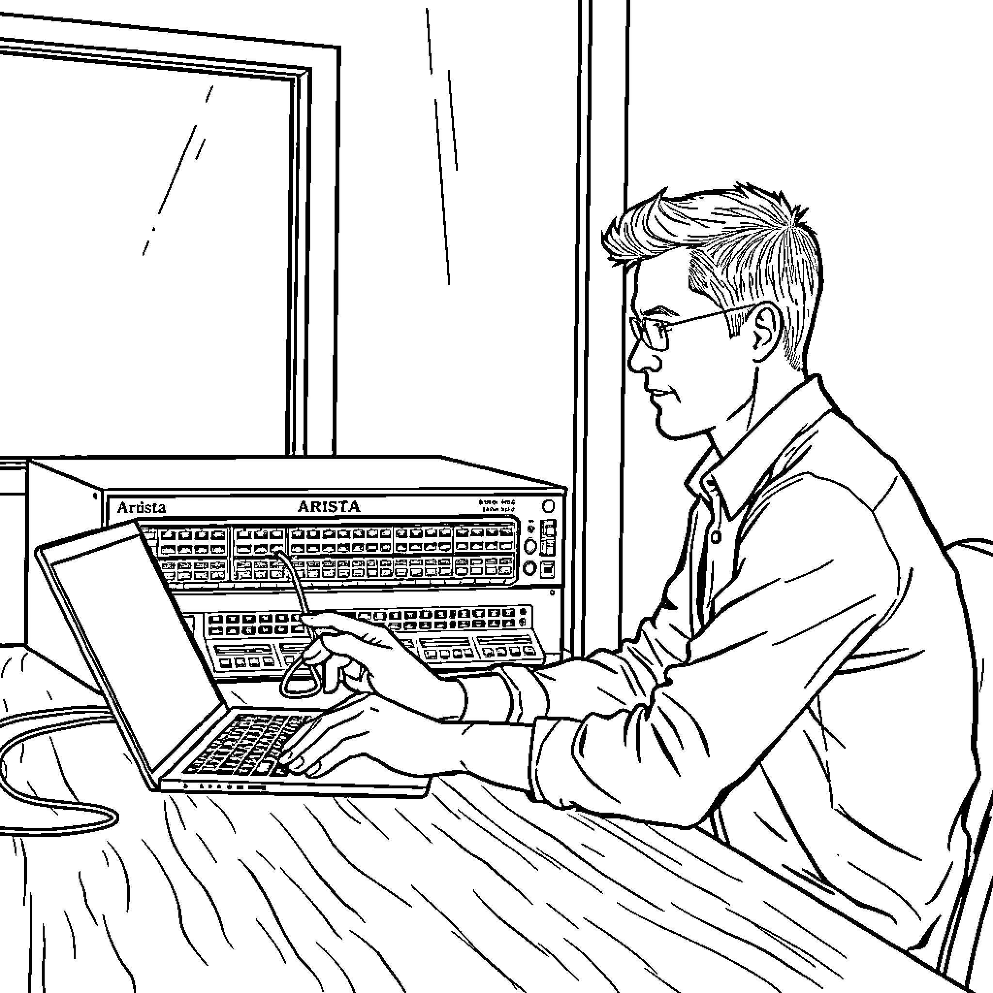 Guy working diligently on computer in home office Coloring Page (free black-and-white line drawing printable PDF for all, from beginners to advanced learners, including children, teens, adults, and seniors)
