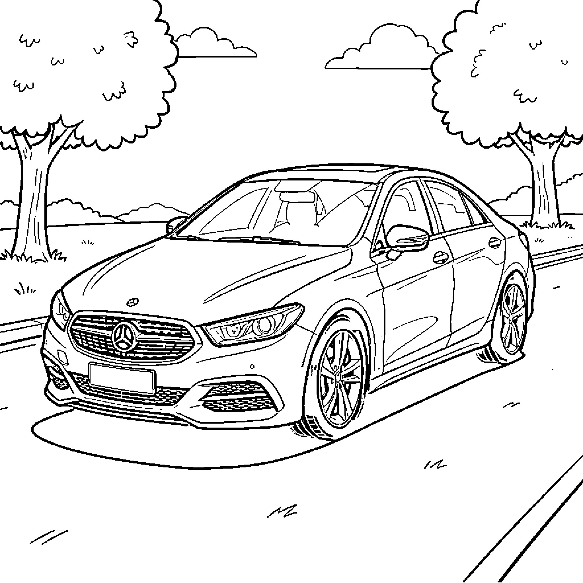 Car on the road in nature Coloring Page (free black-and-white line drawing printable PDF for all, from beginners to advanced learners, including children, teens, adults, and seniors)