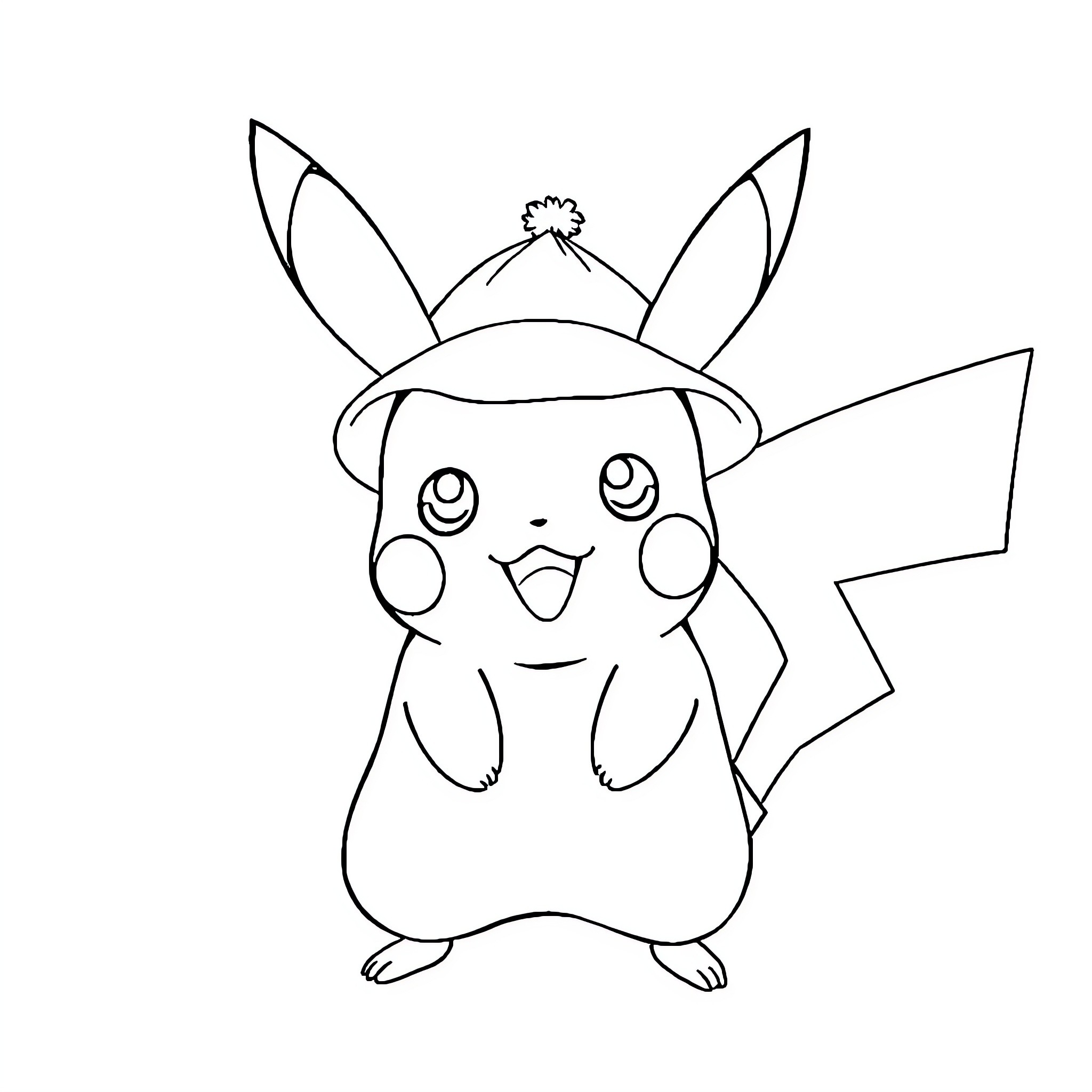 Pikachu happily showing its electric mouse features Coloring Page (free black-and-white line drawing printable PDF for all, from beginners to advanced learners, including children, teens, adults, and seniors)