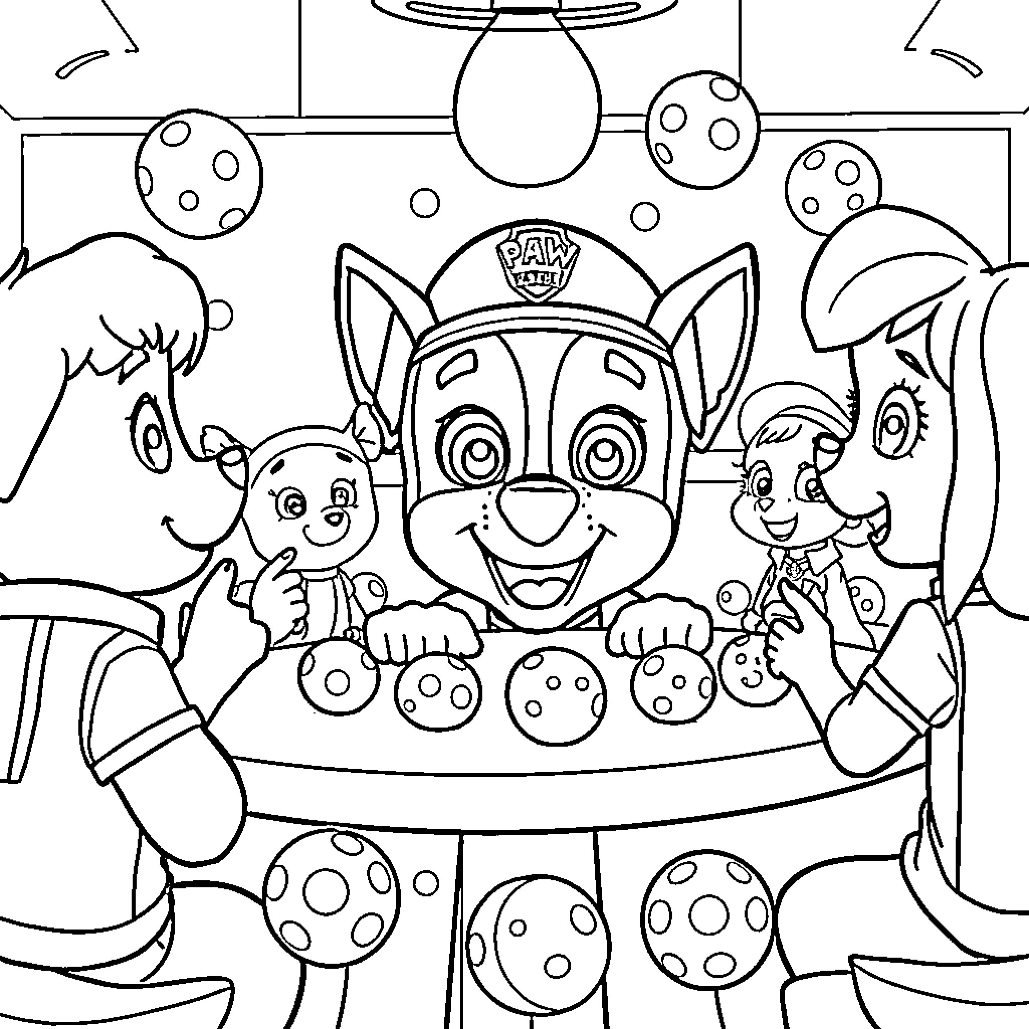 Marshall and Paw Patrol Friends on an Adventure Coloring Page (free black-and-white line drawing printable PDF for all, from beginners to advanced learners, including children, teens, adults, and seniors)