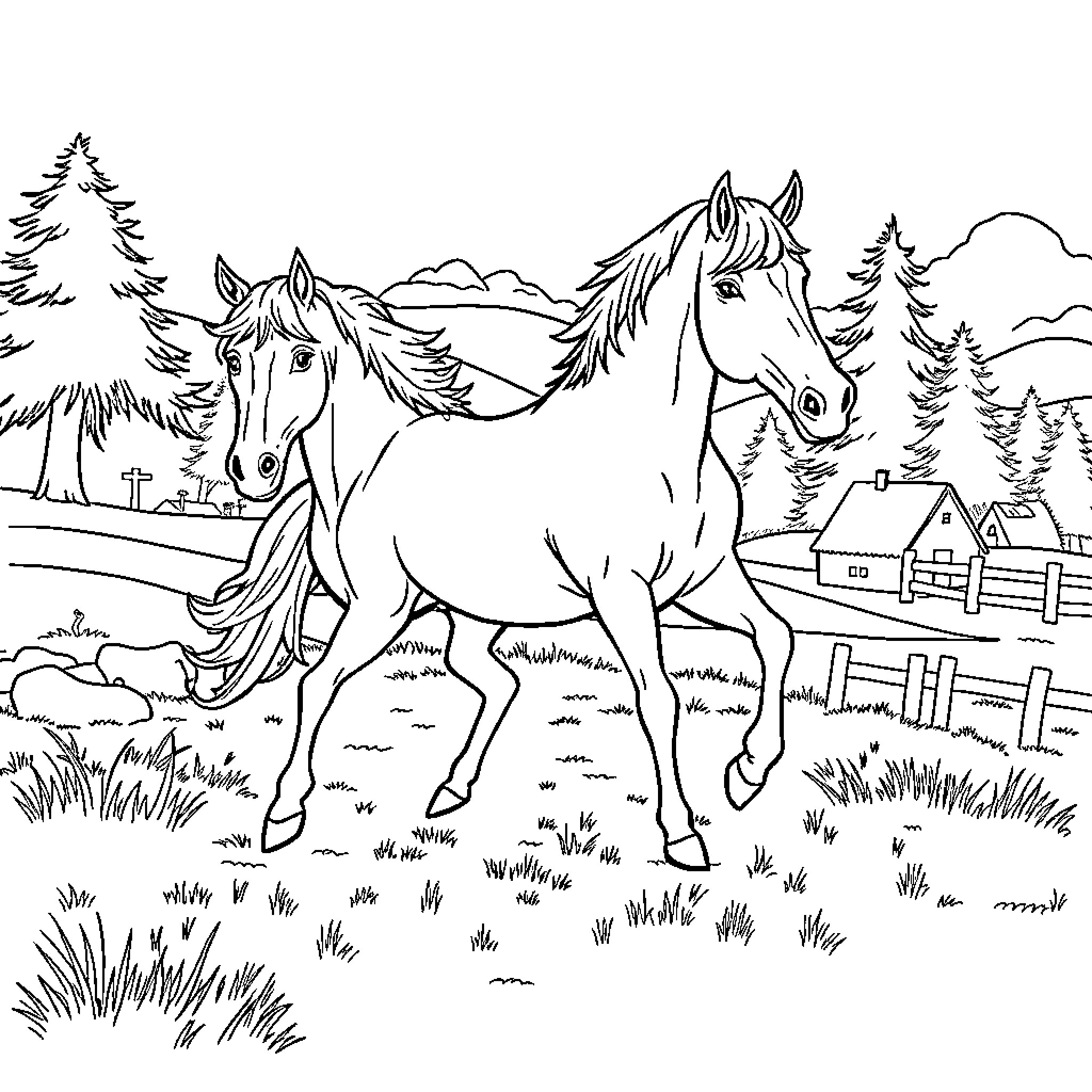 Horse running freely in the countryside Coloring Page (free black-and-white line drawing printable PDF for all, from beginners to advanced learners, including children, teens, adults, and seniors)