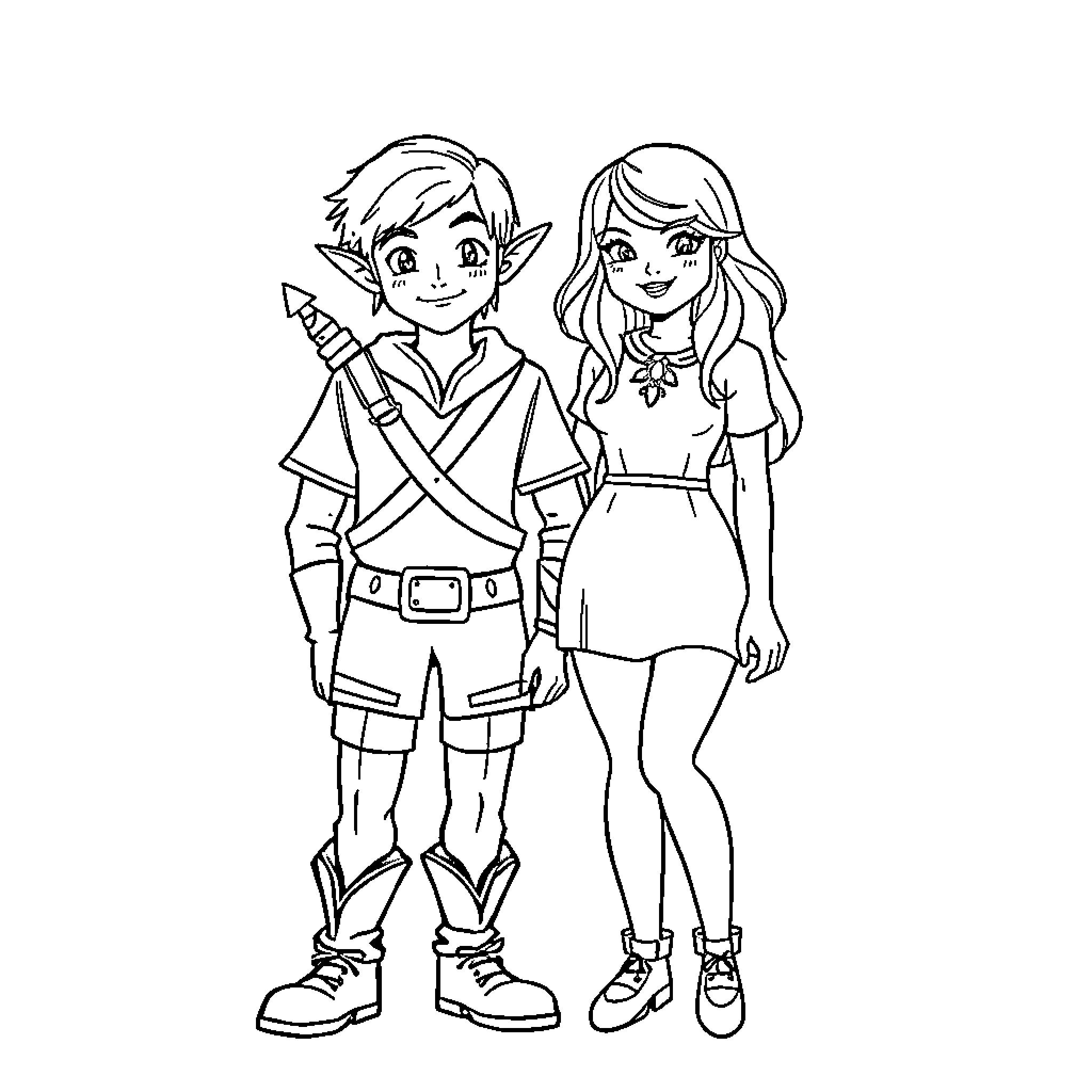 Link and companion exploring adventurously Coloring Page (free black-and-white line drawing printable PDF for all, from beginners to advanced learners, including children, teens, adults, and seniors)