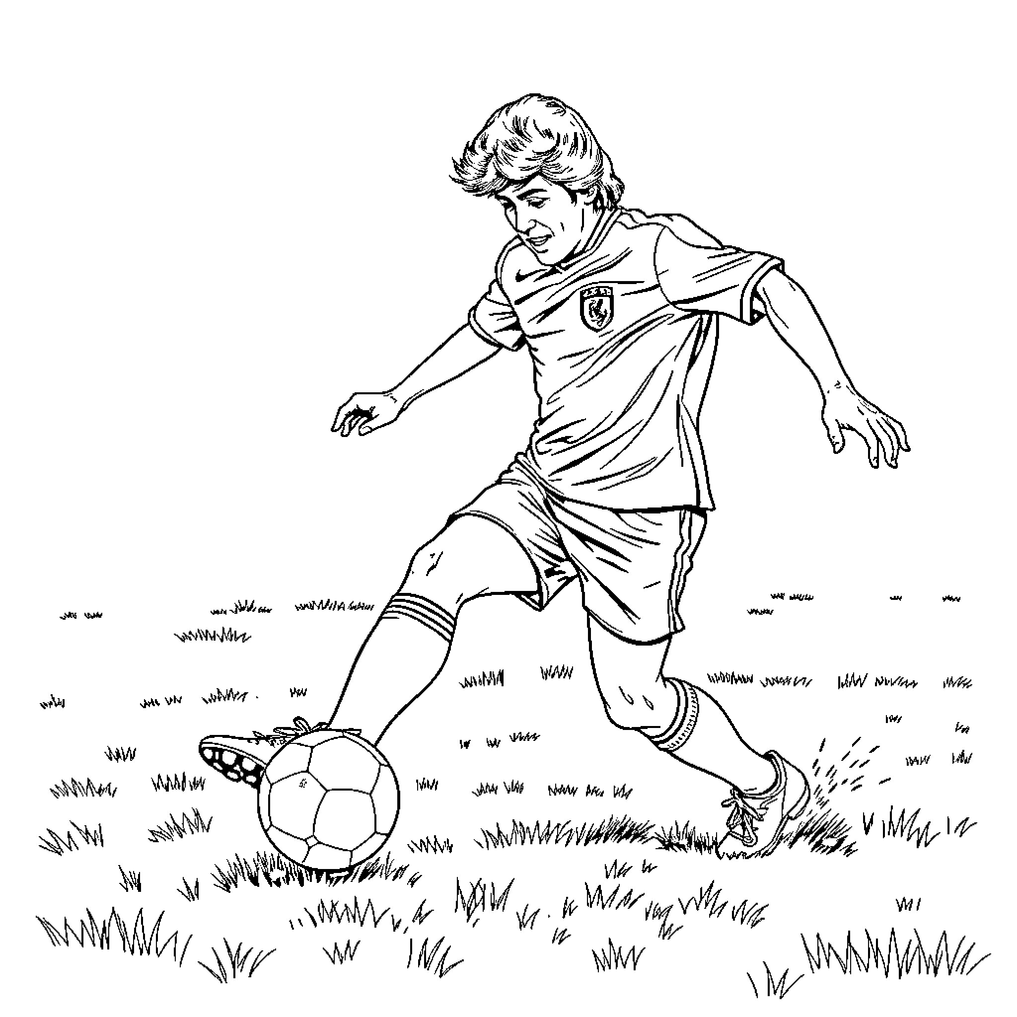 Maradona dribbling with passion on the field Coloring Page (free black-and-white line drawing printable PDF for all, from beginners to advanced learners, including children, teens, adults, and seniors)