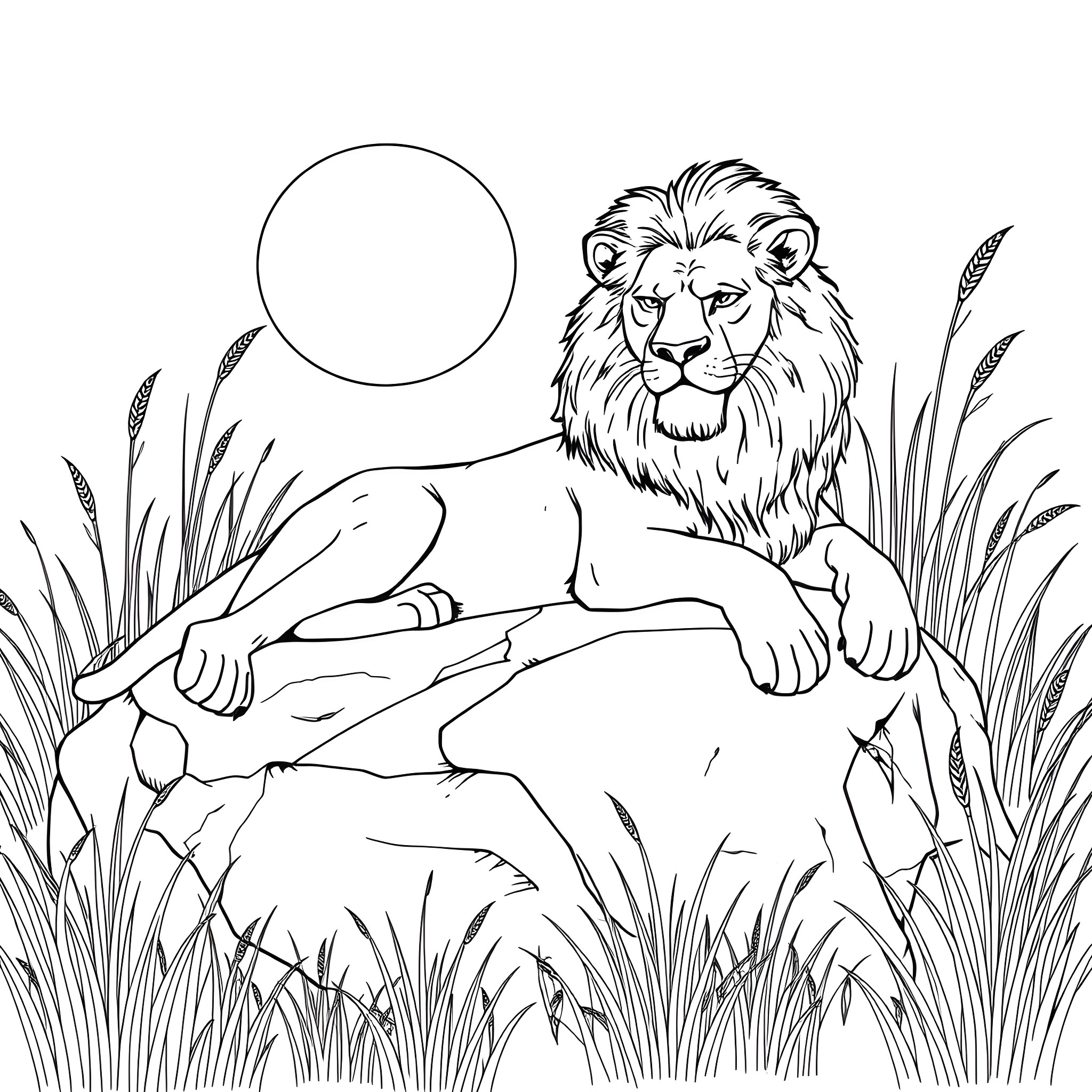 Lion resting peacefully in tall grass Coloring Page (free black-and-white line drawing printable PDF for all, from beginners to advanced learners, including children, teens, adults, and seniors)