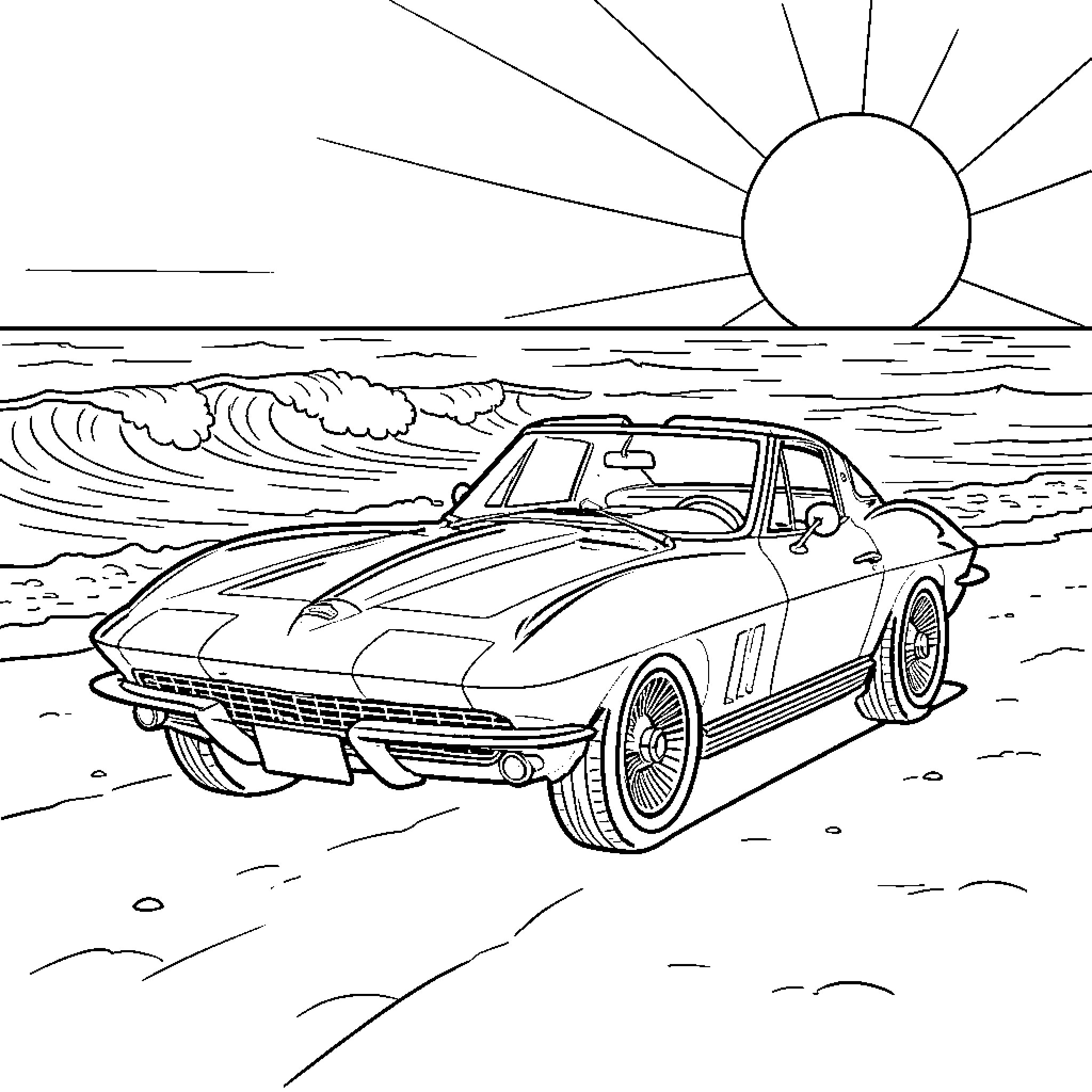 Chevrolet Corvette on the beach against a sunset Coloring Page (free black-and-white line drawing printable PDF for all, from beginners to advanced learners, including children, teens, adults, and seniors)