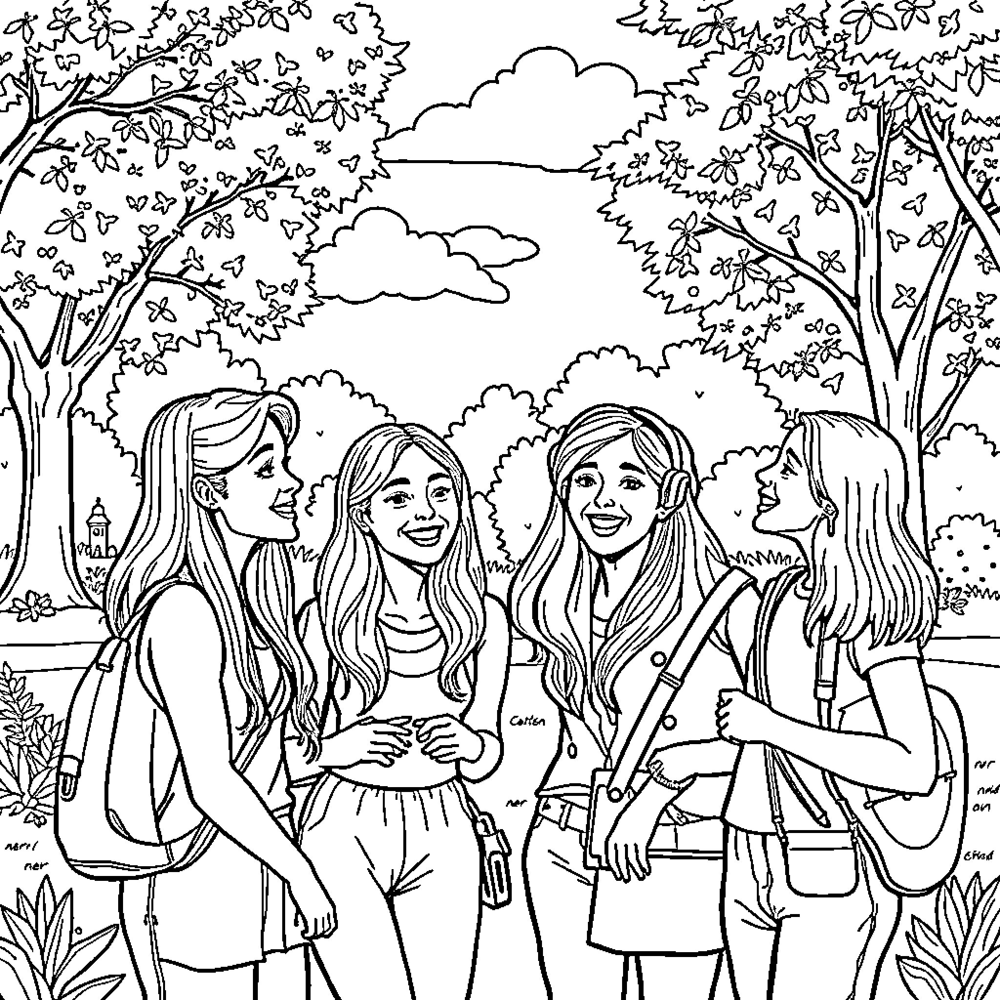 Friends enjoying a park outing together Coloring Page (free black-and-white line drawing printable PDF for all, from beginners to advanced learners, including children, teens, adults, and seniors)