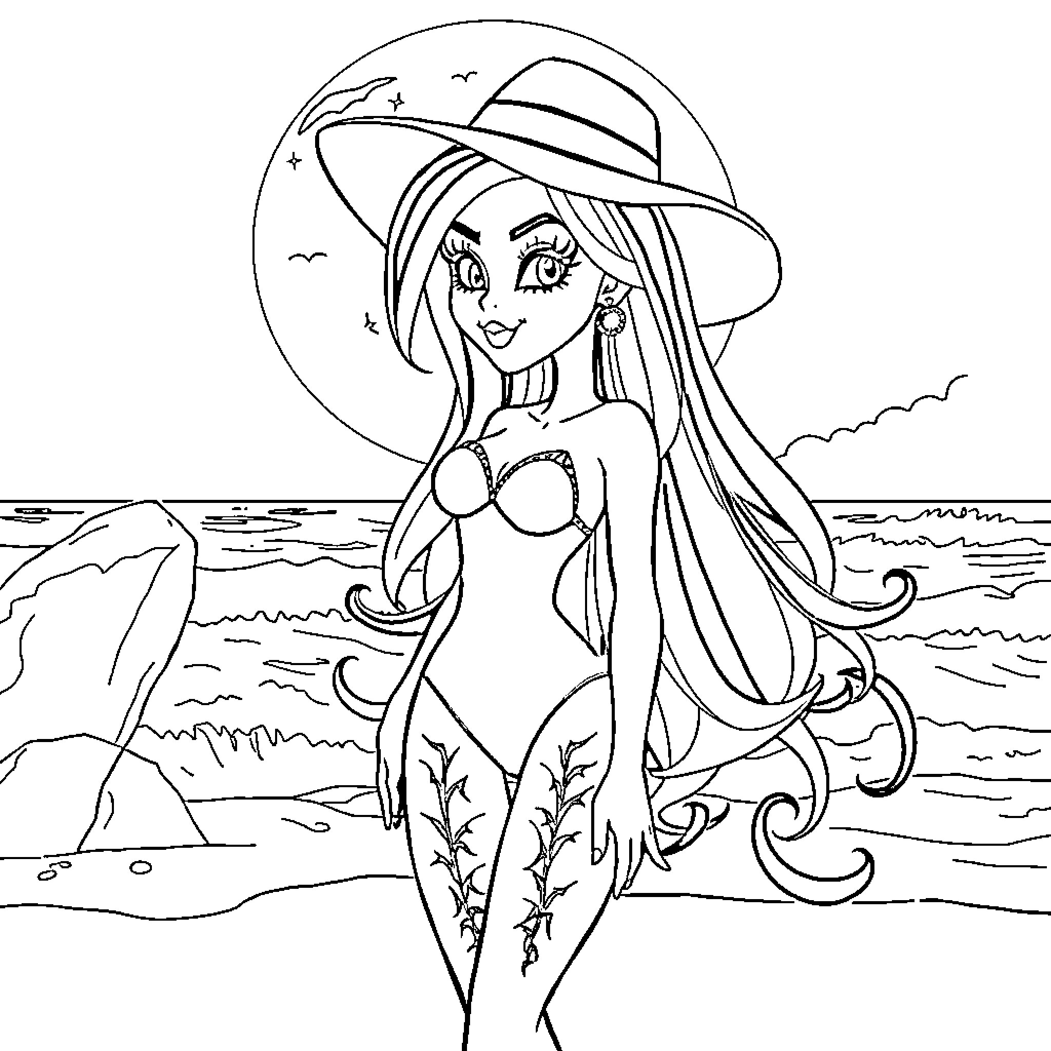 Draculaura enjoying the ocean breeze Coloring Page (free black-and-white line drawing printable PDF for all, from beginners to advanced learners, including children, teens, adults, and seniors)
