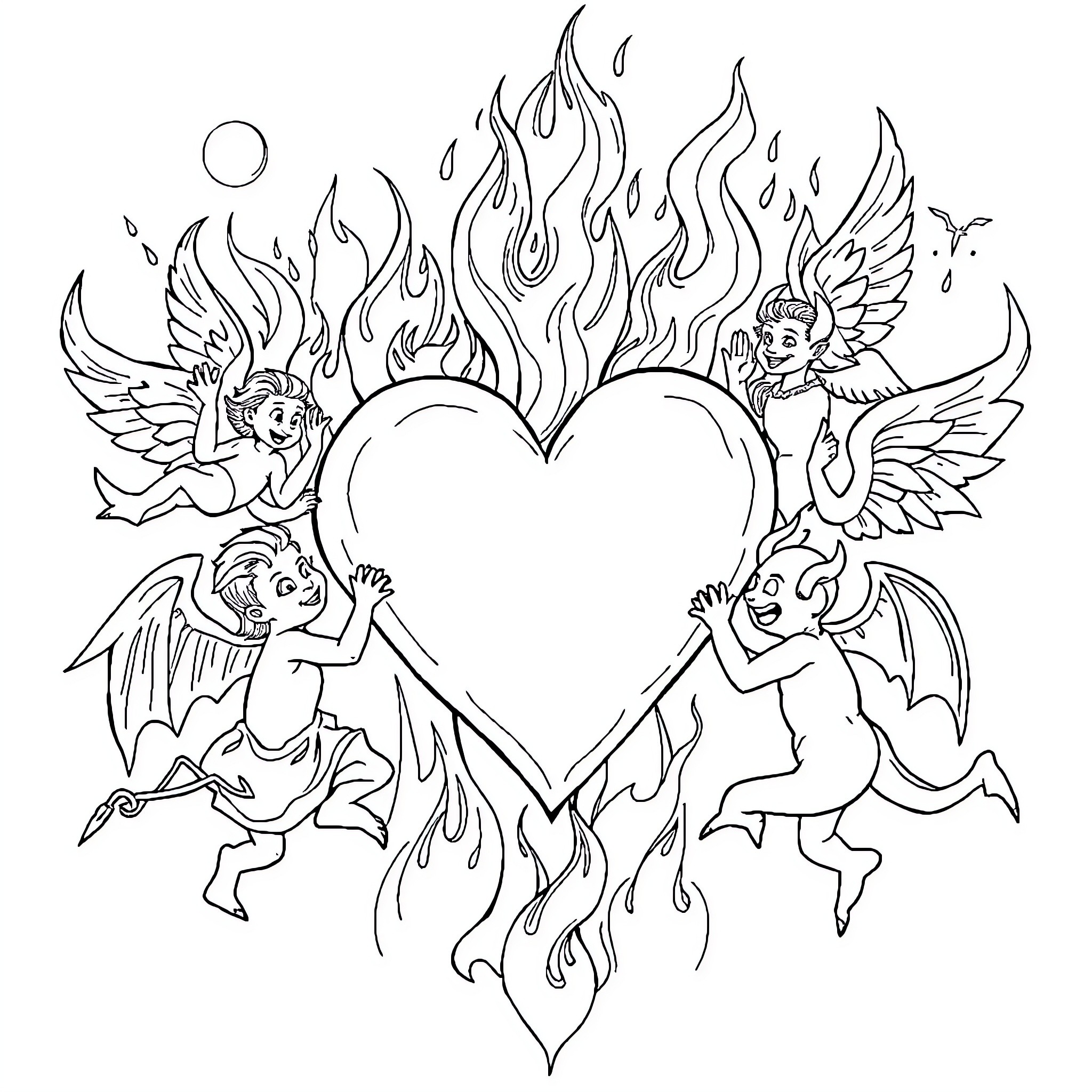 Heart Adorned by Angelic and Demonic Figures Coloring Page (free black-and-white line drawing printable PDF for all, from beginners to advanced learners, including children, teens, adults, and seniors)