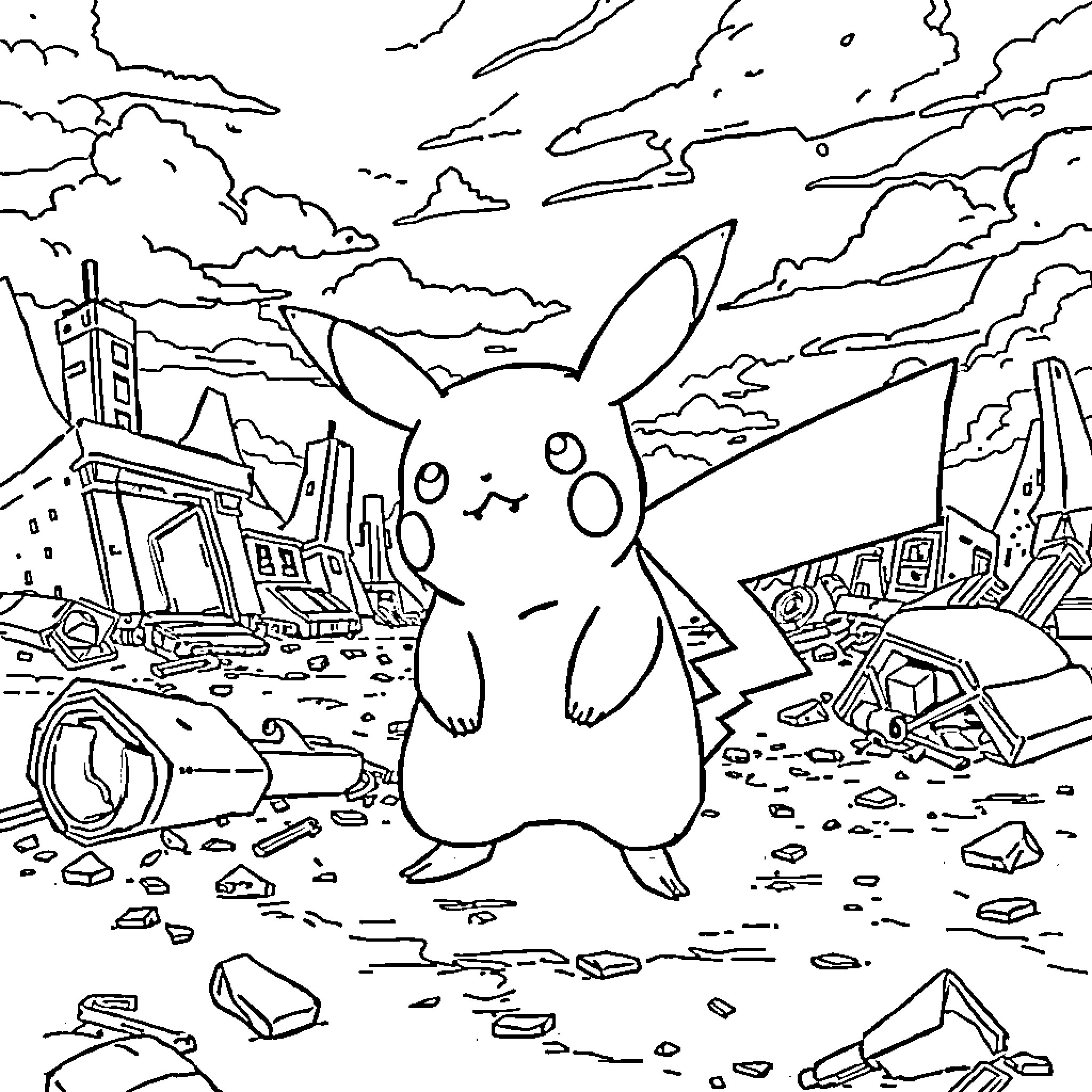 Pikachu exploring the post-apocalyptic city Coloring Page (free black-and-white line drawing printable PDF for all, from beginners to advanced learners, including children, teens, adults, and seniors)