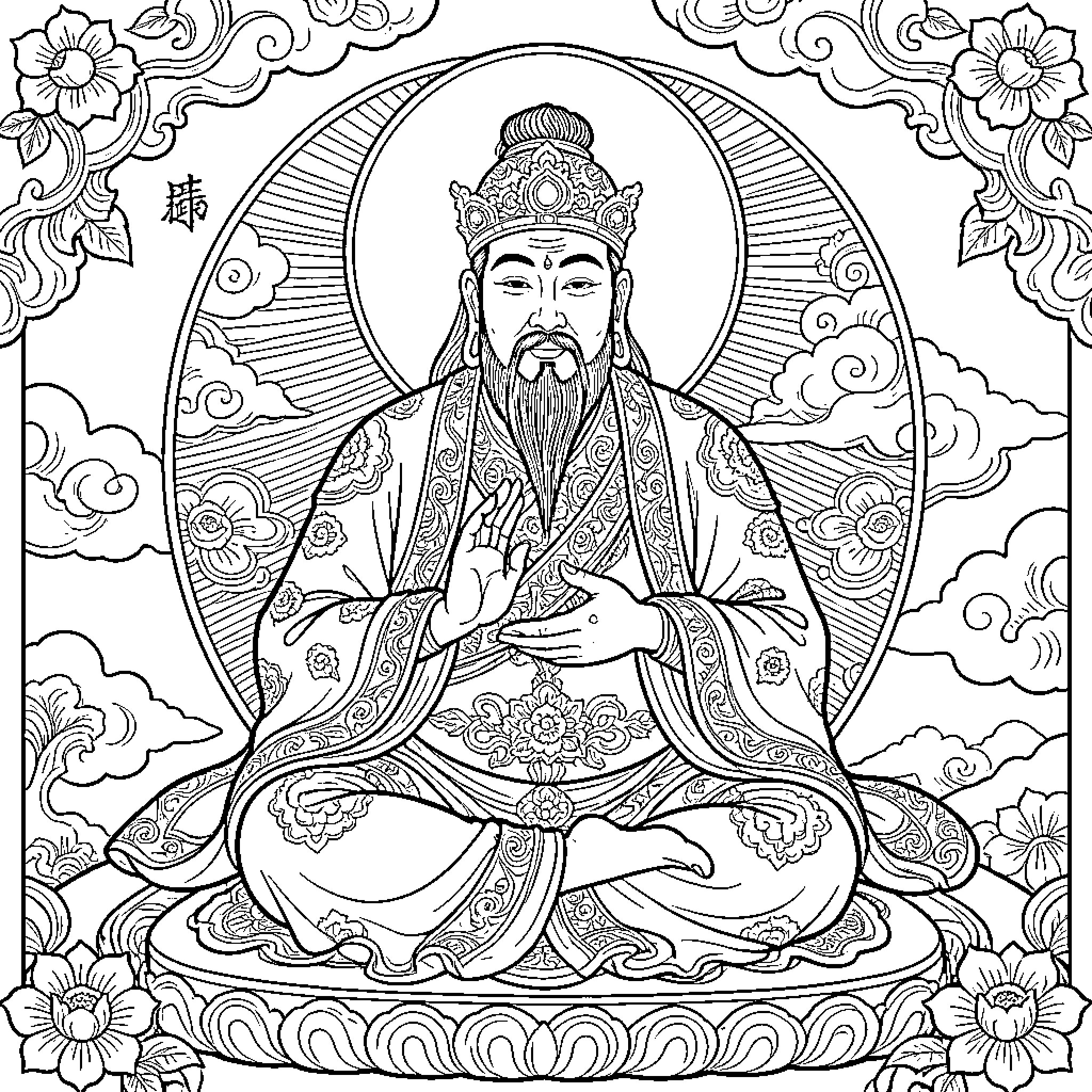 Guru Rinpoche meditating in ornate robes amidst clouds Coloring Page (free black-and-white line drawing printable PDF for all, from beginners to advanced learners, including children, teens, adults, and seniors)
