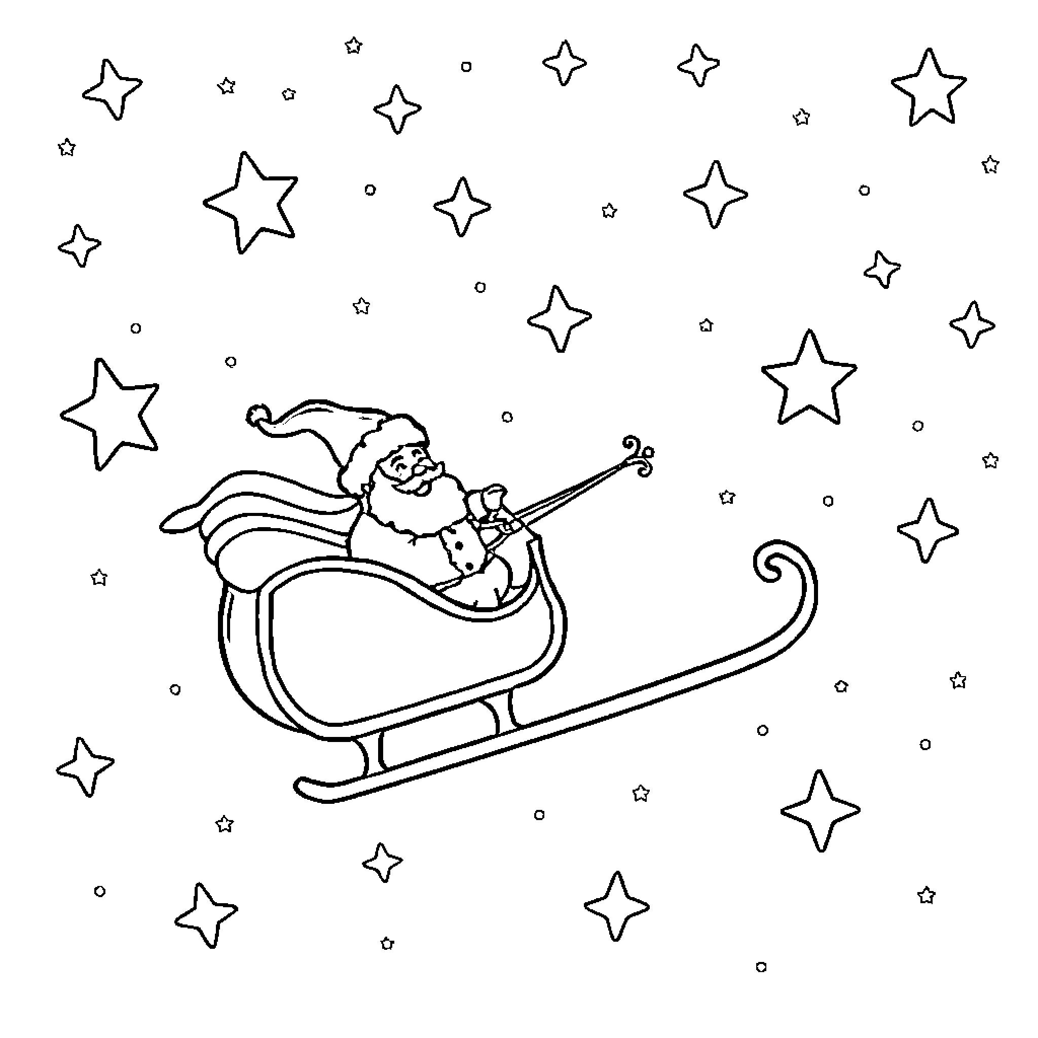 Santa riding his sleigh under the starry night Coloring Page (free black-and-white line drawing printable PDF for all, from beginners to advanced learners, including children, teens, adults, and seniors)