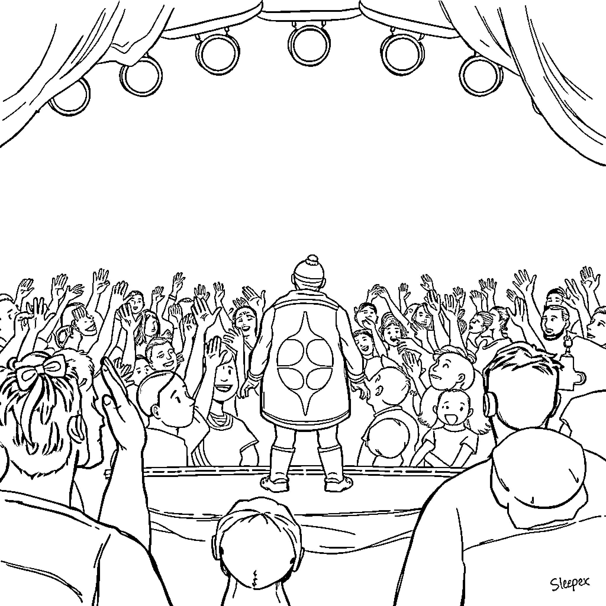 Vessel on stage performing for enthusiastic crowd Coloring Page (free black-and-white line drawing printable PDF for all, from beginners to advanced learners, including children, teens, adults, and seniors)