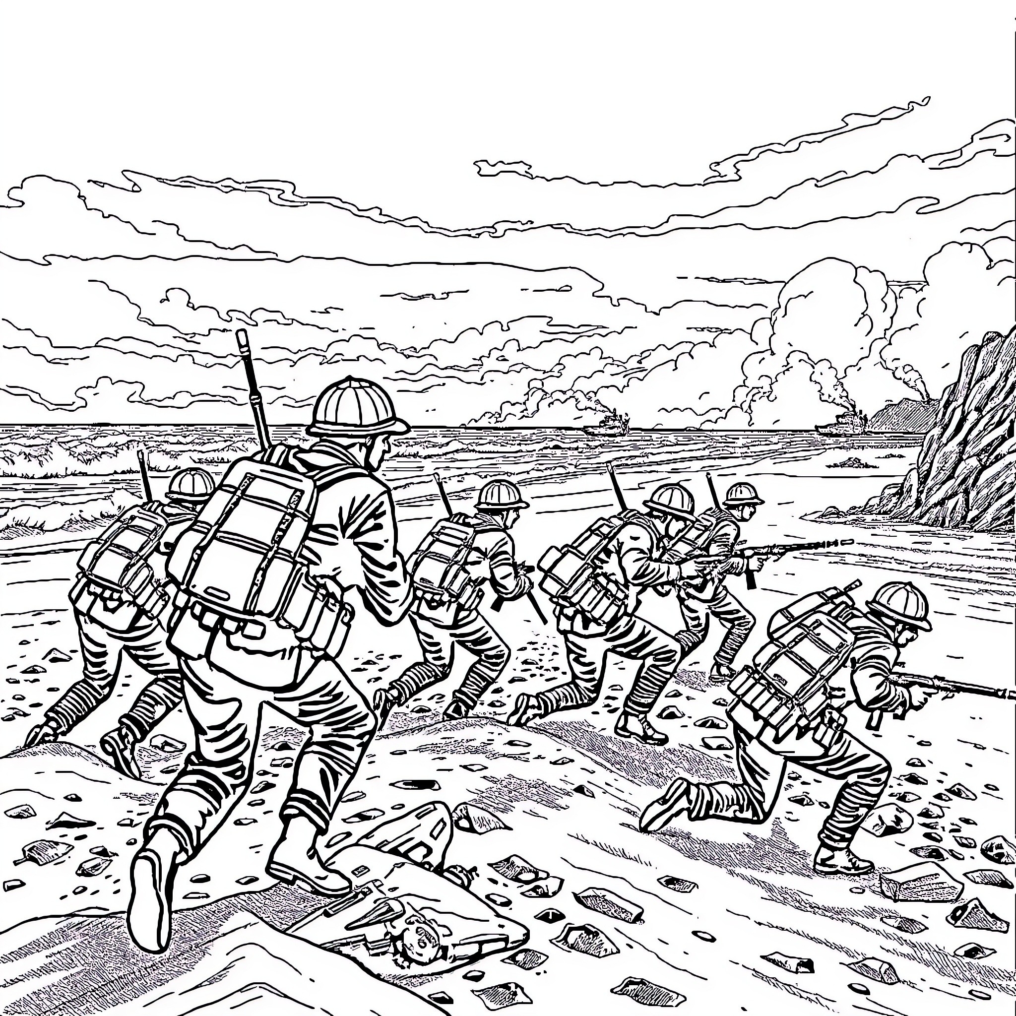 Soldiers in combat gear advancing across a battlefield Coloring Page (free black-and-white line drawing printable PDF for all, from beginners to advanced learners, including children, teens, adults, and seniors)