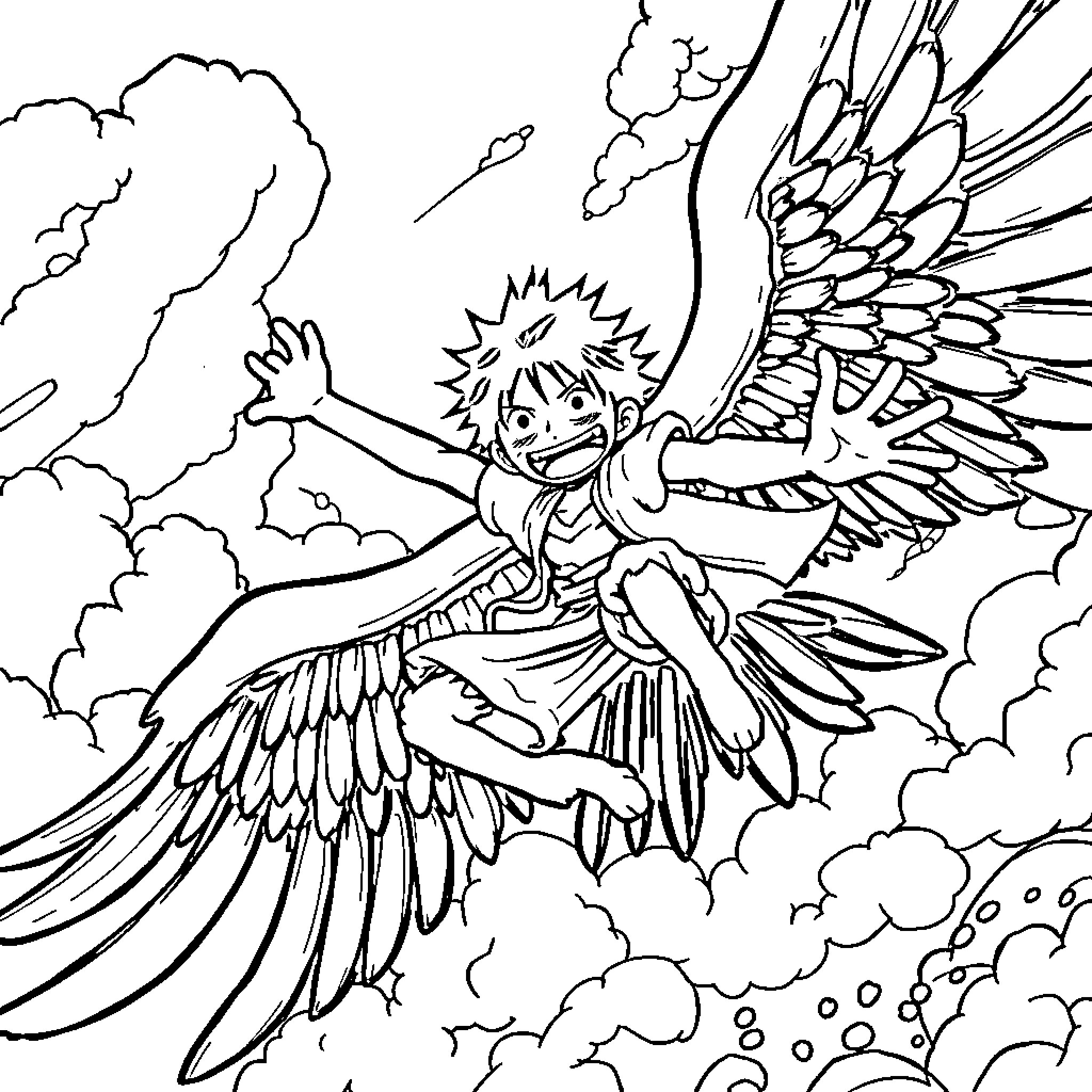Monkey D Luffy taking flight with majestic wings Coloring Page (free black-and-white line drawing printable PDF for all, from beginners to advanced learners, including children, teens, adults, and seniors)