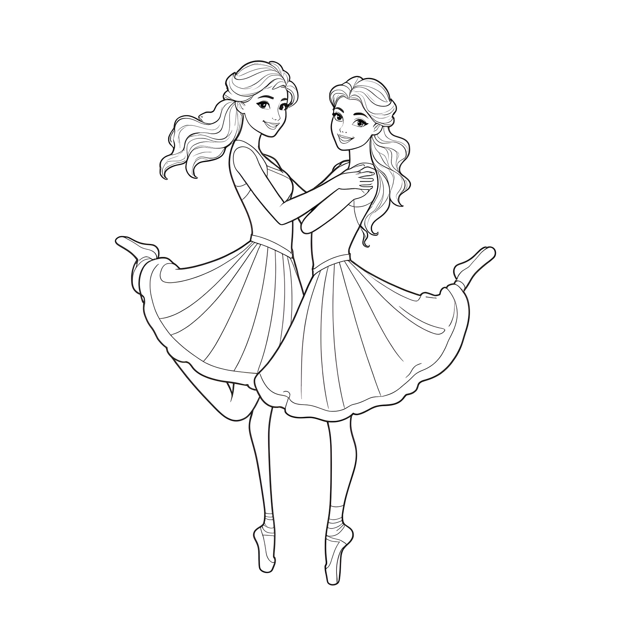 Elsa and Anna dancing together in elegant dresses Coloring Page (free black-and-white line drawing printable PDF for all, from beginners to advanced learners, including children, teens, adults, and seniors)