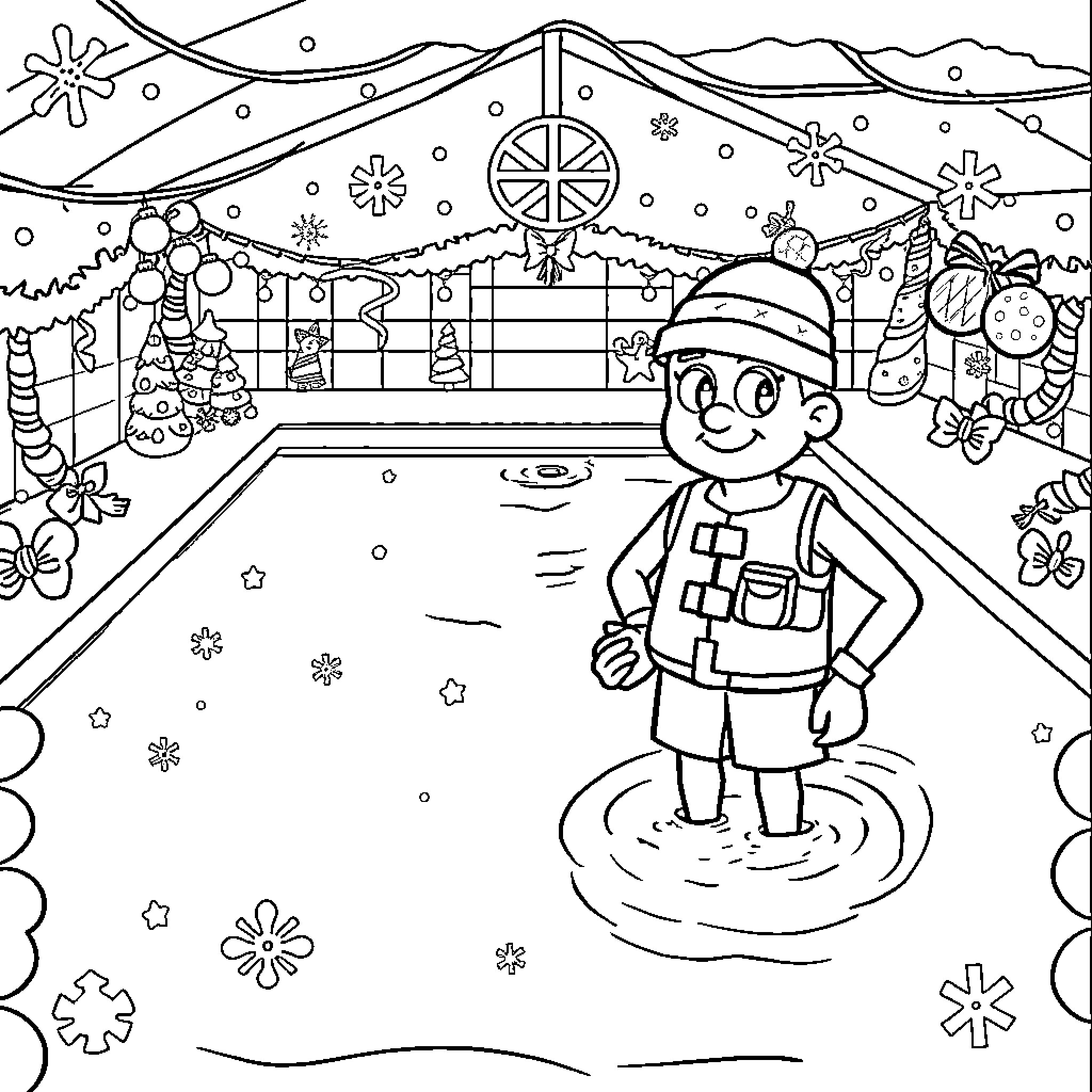 Swimming Pool Fun in the Snow Coloring Page (free black-and-white line drawing printable PDF for all, from beginners to advanced learners, including children, teens, adults, and seniors)