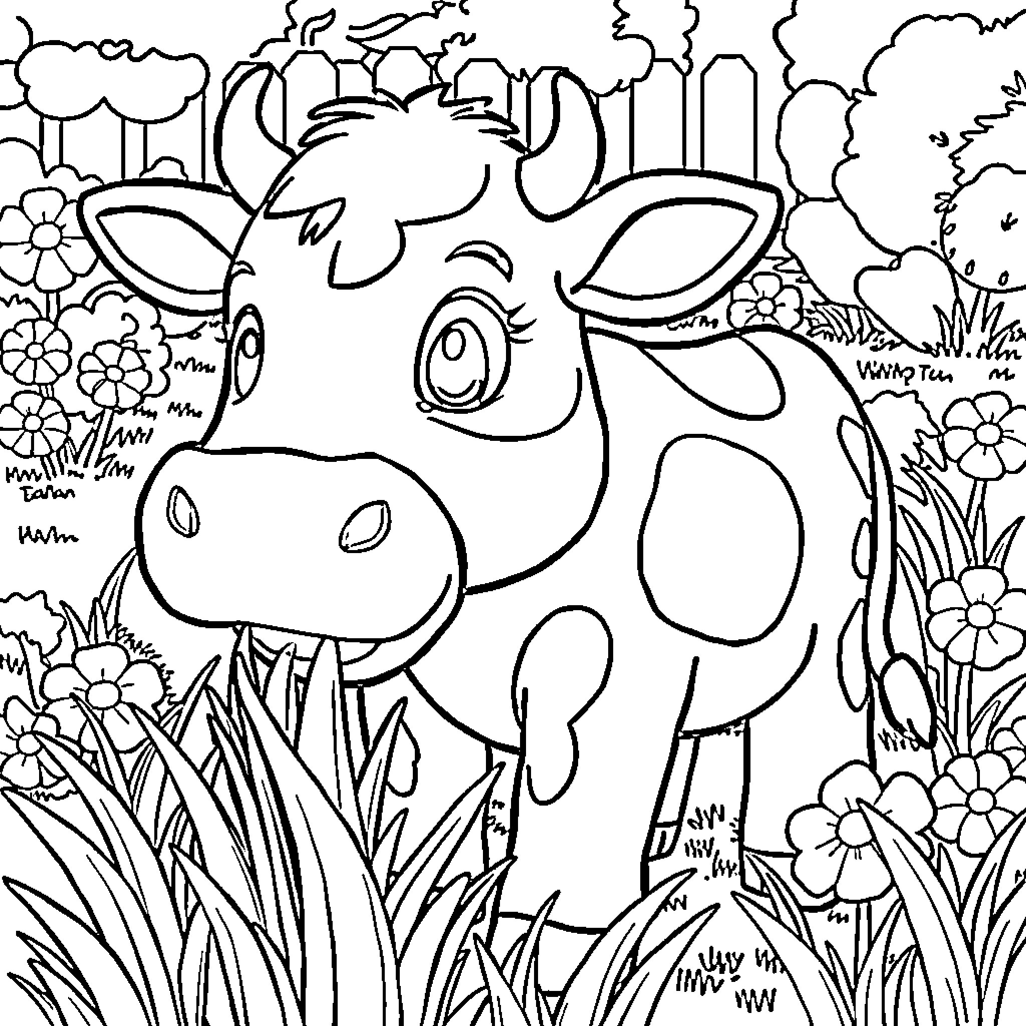 Cow standing in a flowery meadow Coloring Page (free black-and-white line drawing printable PDF for all, from beginners to advanced learners, including children, teens, adults, and seniors)