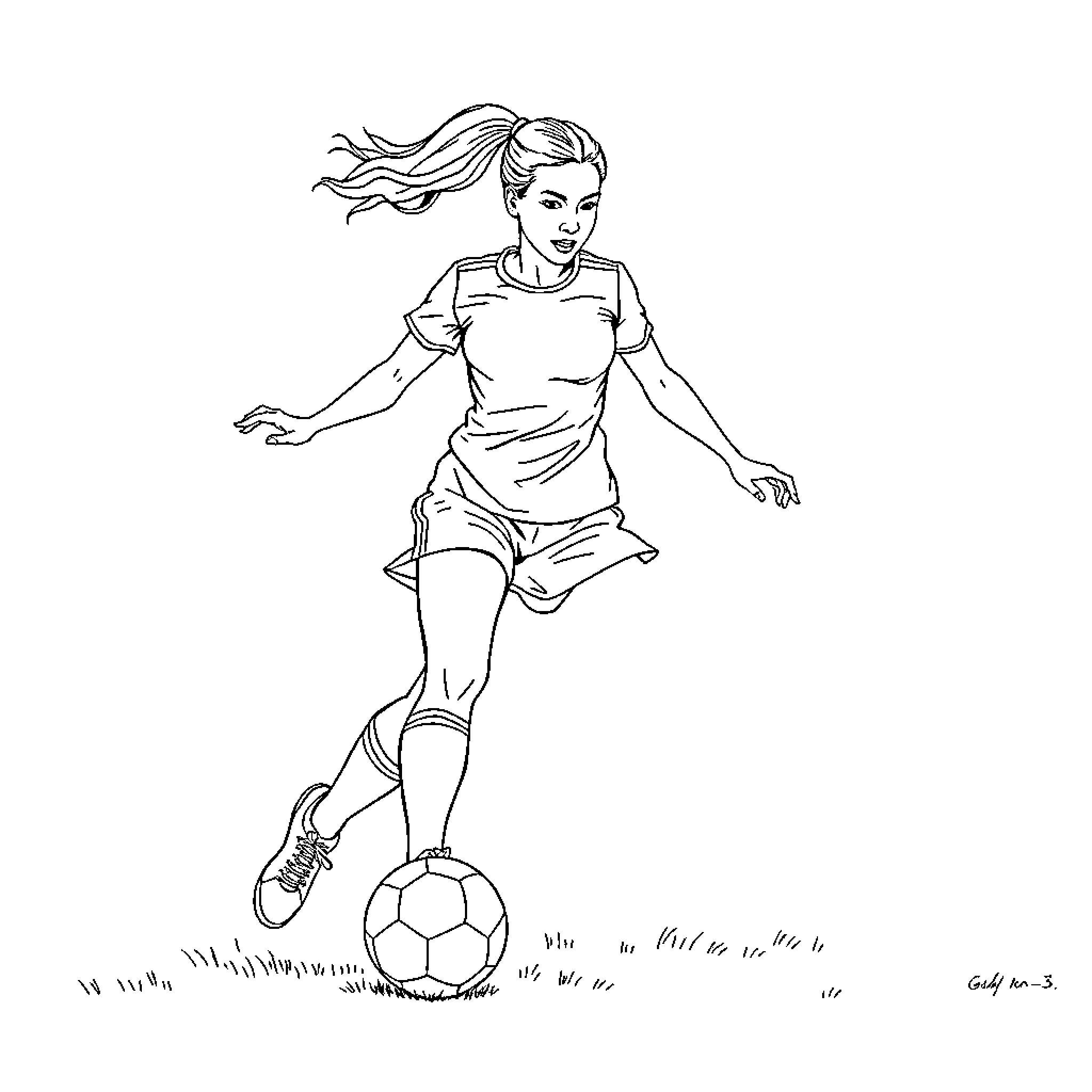 Woman playing soccer with ball in motion Coloring Page (free black-and-white line drawing printable PDF for all, from beginners to advanced learners, including children, teens, adults, and seniors)