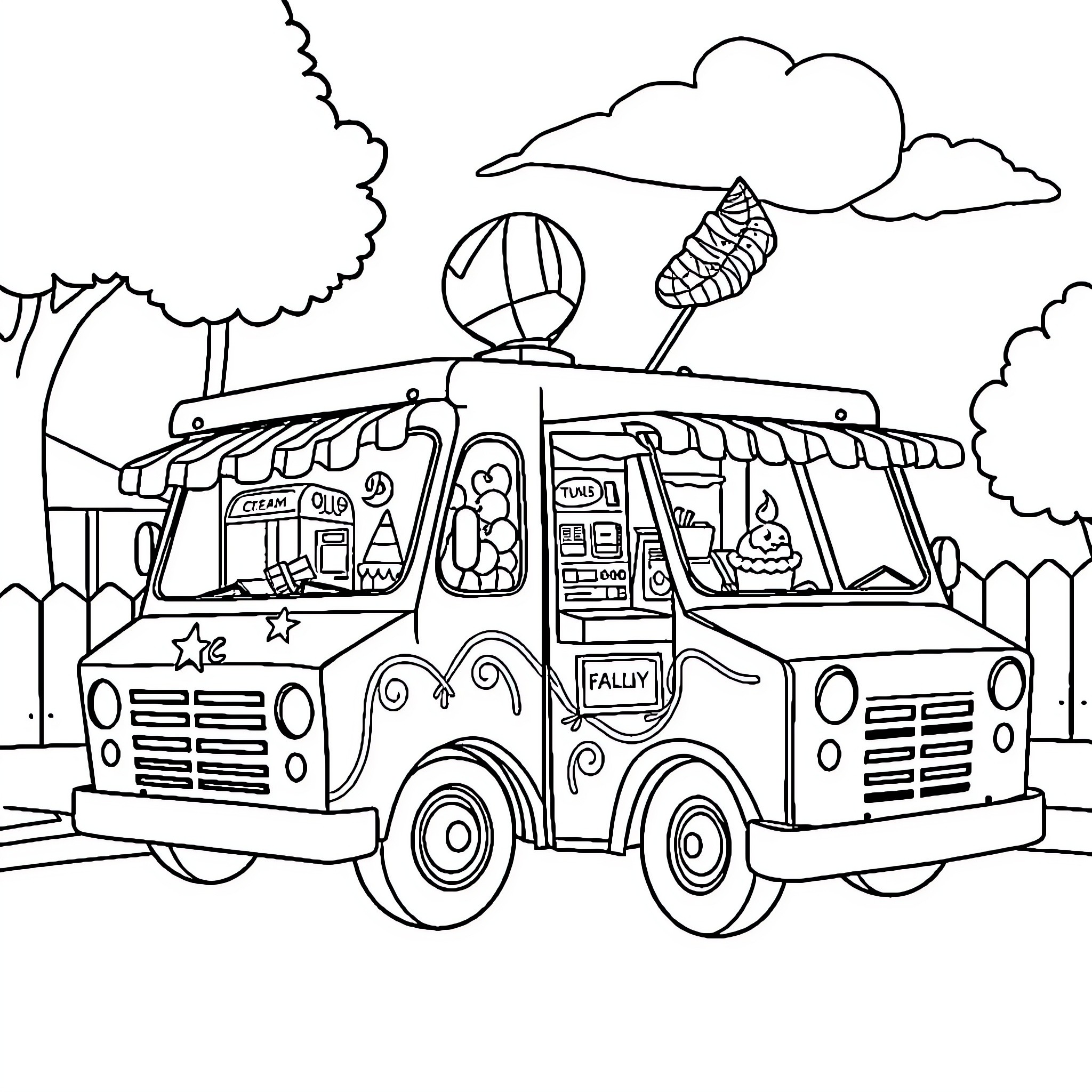 Ice Cream Truck Serving Treats on a Sunny Day Coloring Page (free black-and-white line drawing printable PDF for all, from beginners to advanced learners, including children, teens, adults, and seniors)