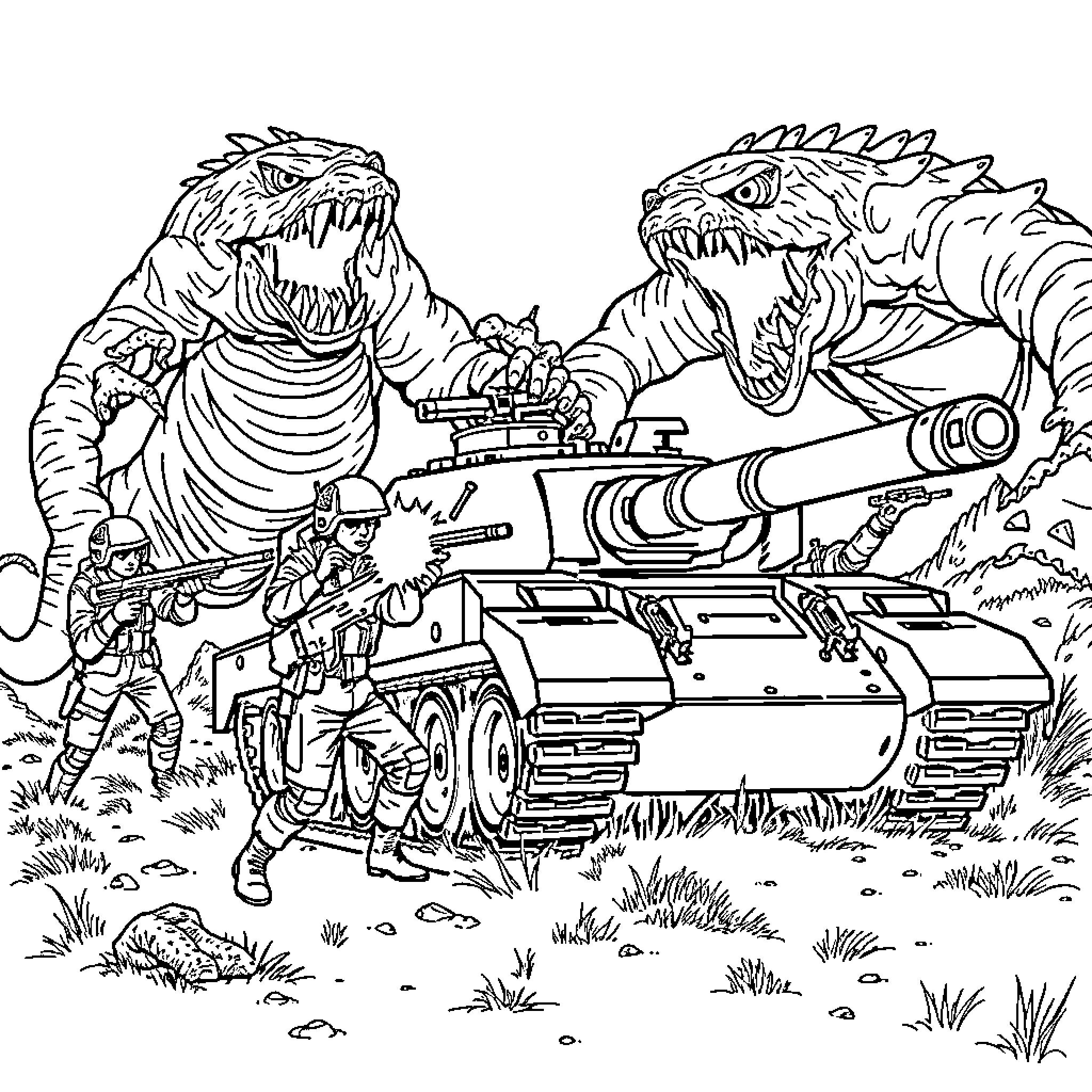 Soldier battling monstrous creatures with a tank Coloring Page (free black-and-white line drawing printable PDF for all, from beginners to advanced learners, including children, teens, adults, and seniors)