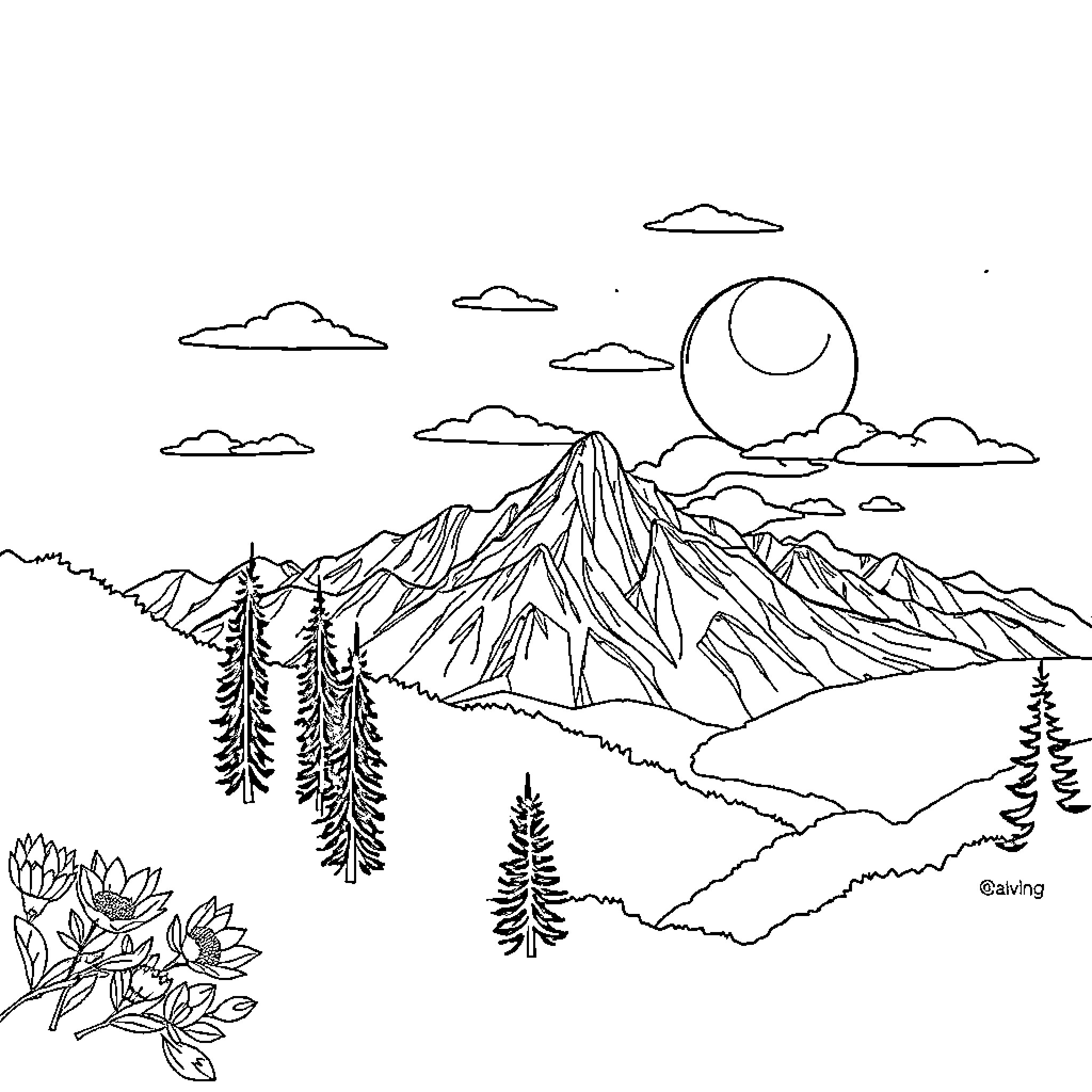 Explorer hiking in the majestic mountain landscape Coloring Page (free black-and-white line drawing printable PDF for all, from beginners to advanced learners, including children, teens, adults, and seniors)