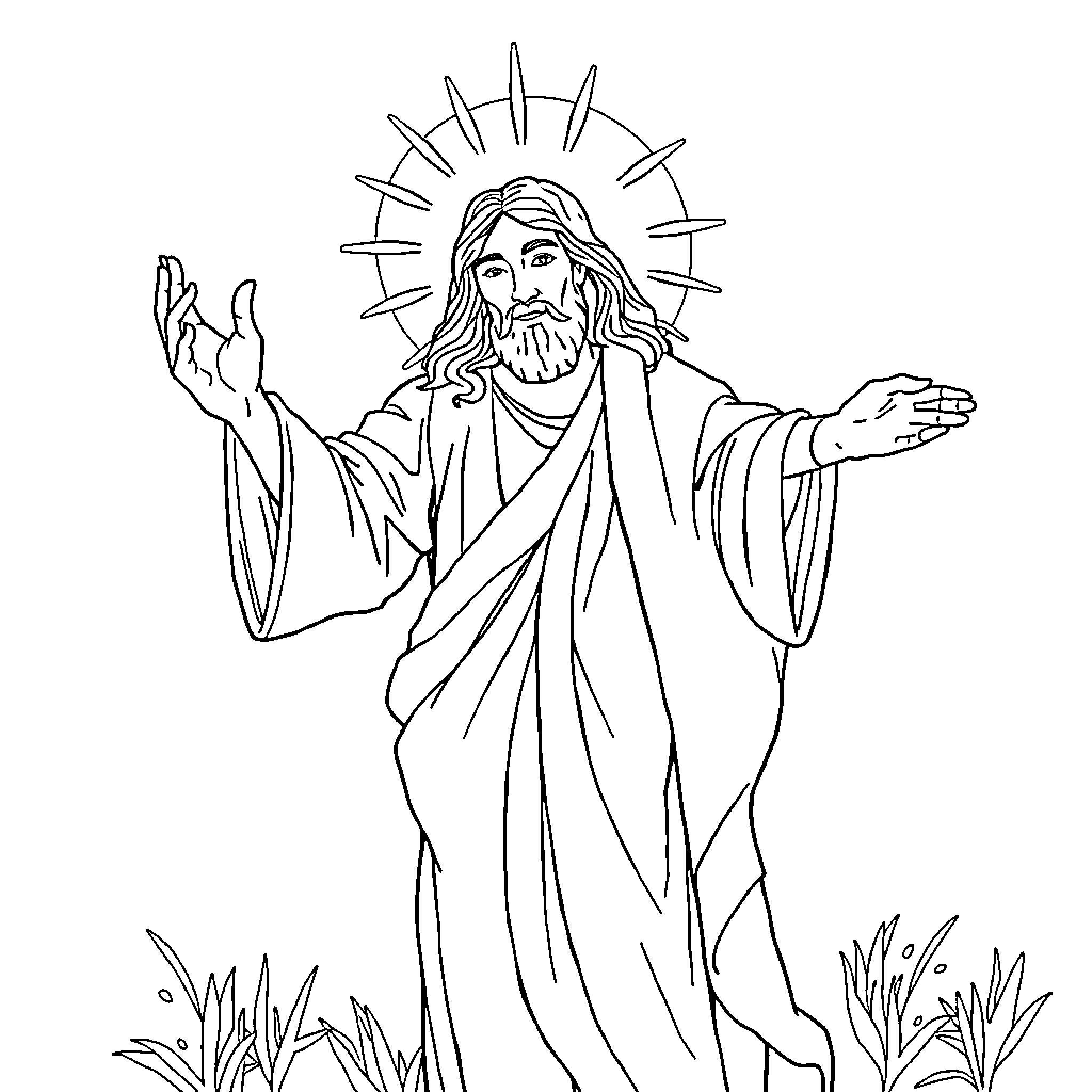 Lord of Miracles Blessing the Faithful with Outstretched Arms Coloring Page (free black-and-white line drawing printable PDF for all, from beginners to advanced learners, including children, teens, adults, and seniors)