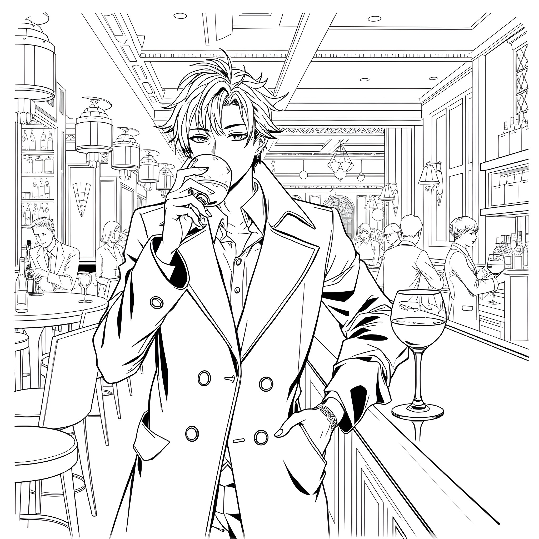 Nakahara Chuuya enjoying a drink in an elegant cafe Coloring Page (free black-and-white line drawing printable PDF for all, from beginners to advanced learners, including children, teens, adults, and seniors)