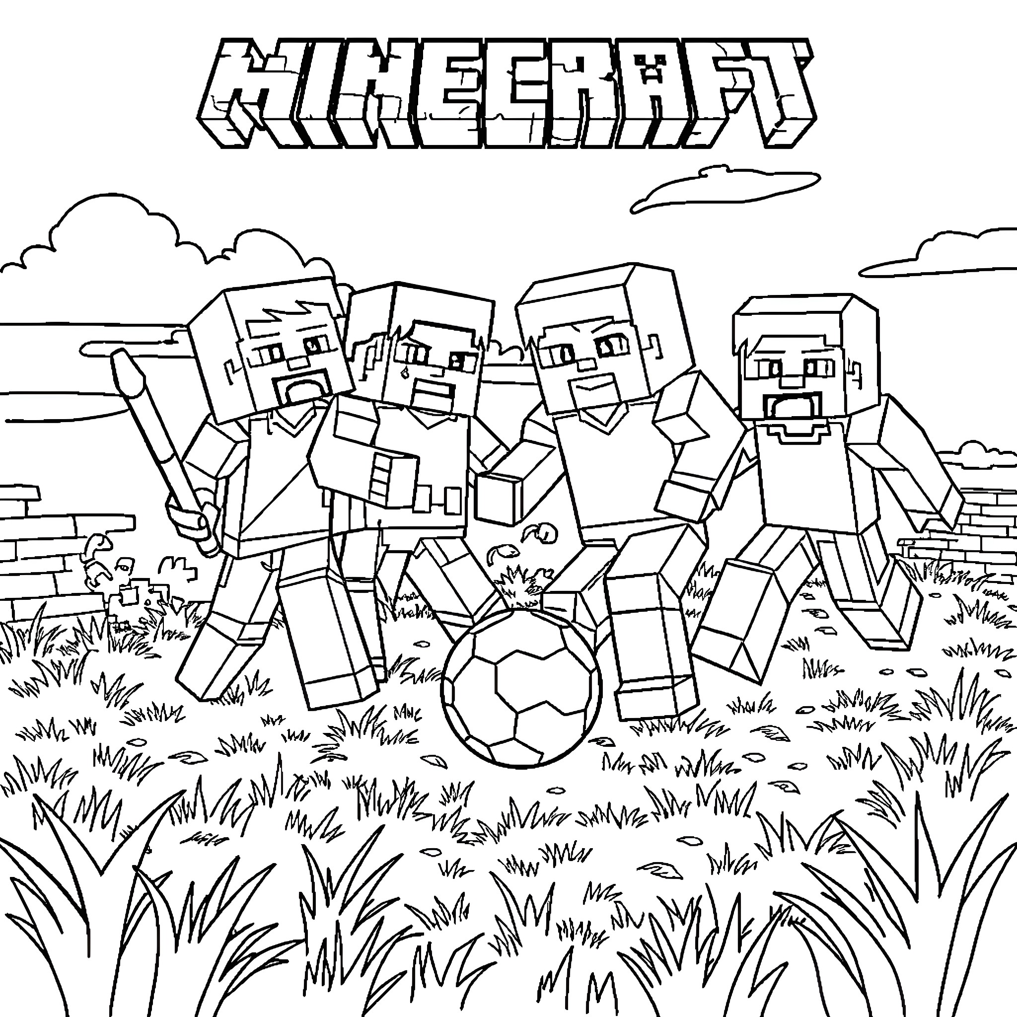 Minecraft characters playing soccer in the field Coloring Page (free black-and-white line drawing printable PDF for all, from beginners to advanced learners, including children, teens, adults, and seniors)