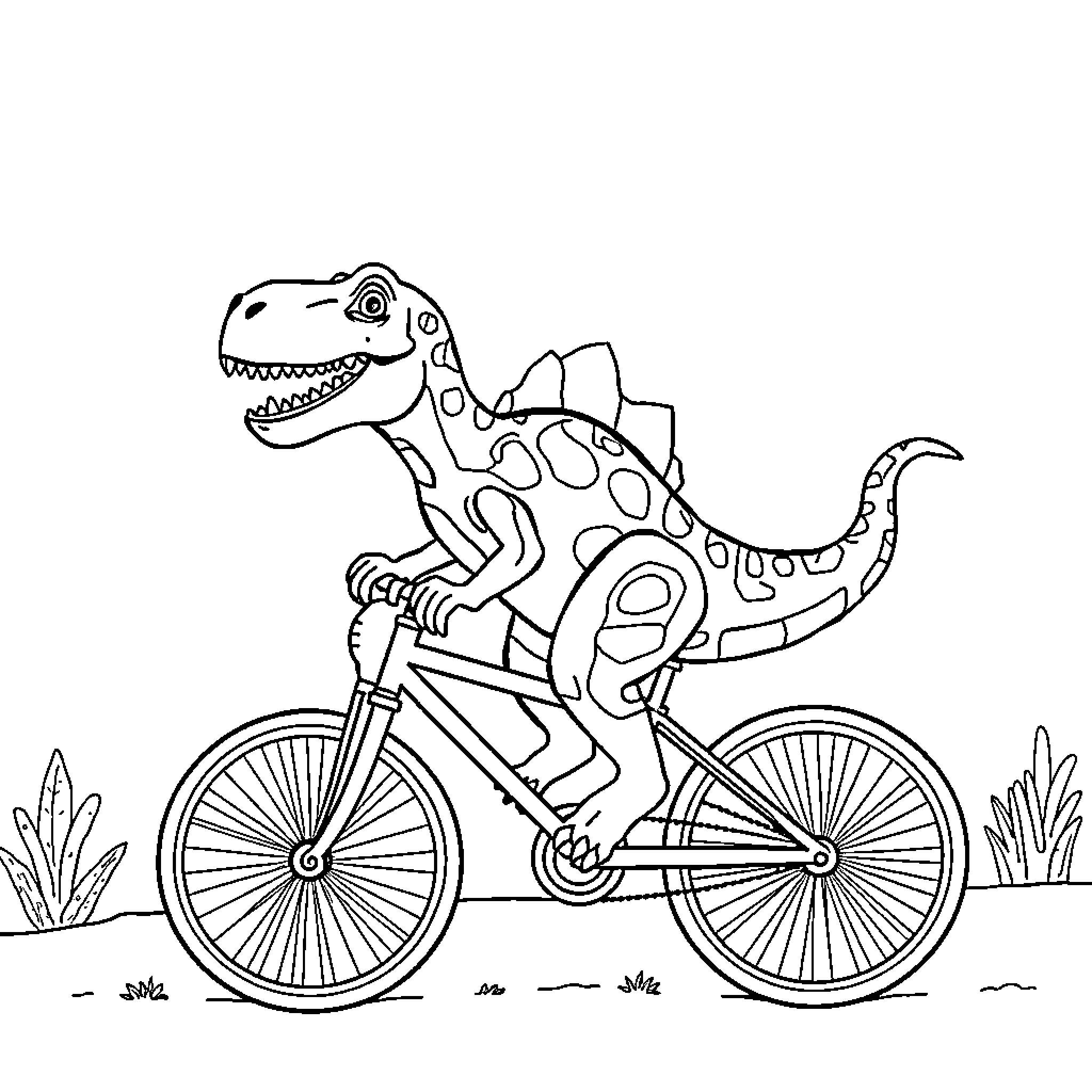 Dinosaur riding a bicycle through the park Coloring Page (free black-and-white line drawing printable PDF for all, from beginners to advanced learners, including children, teens, adults, and seniors)