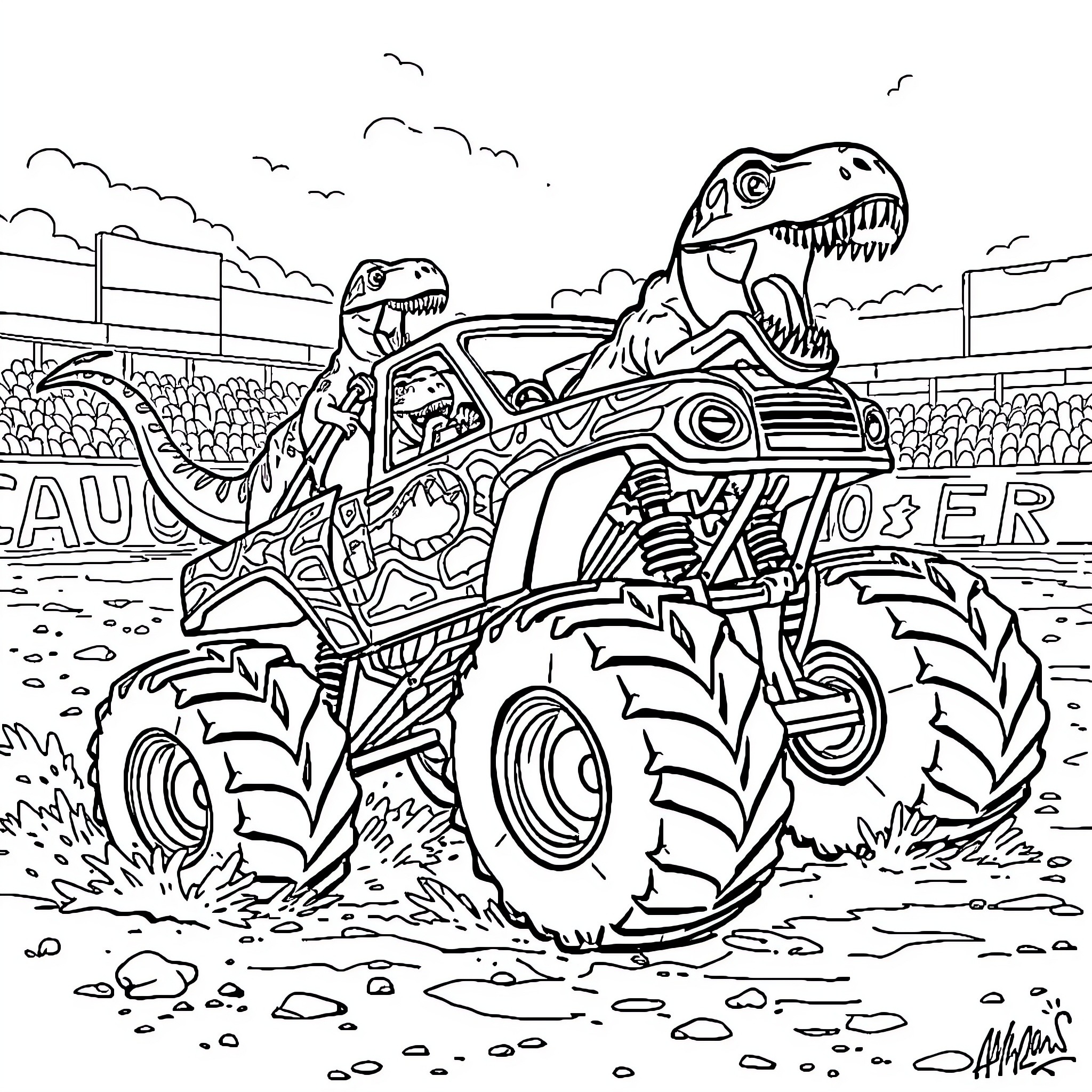 Dinosaur Monster Trucks Racing in Stadium Coloring Page (free black-and-white line drawing printable PDF for all, from beginners to advanced learners, including children, teens, adults, and seniors)
