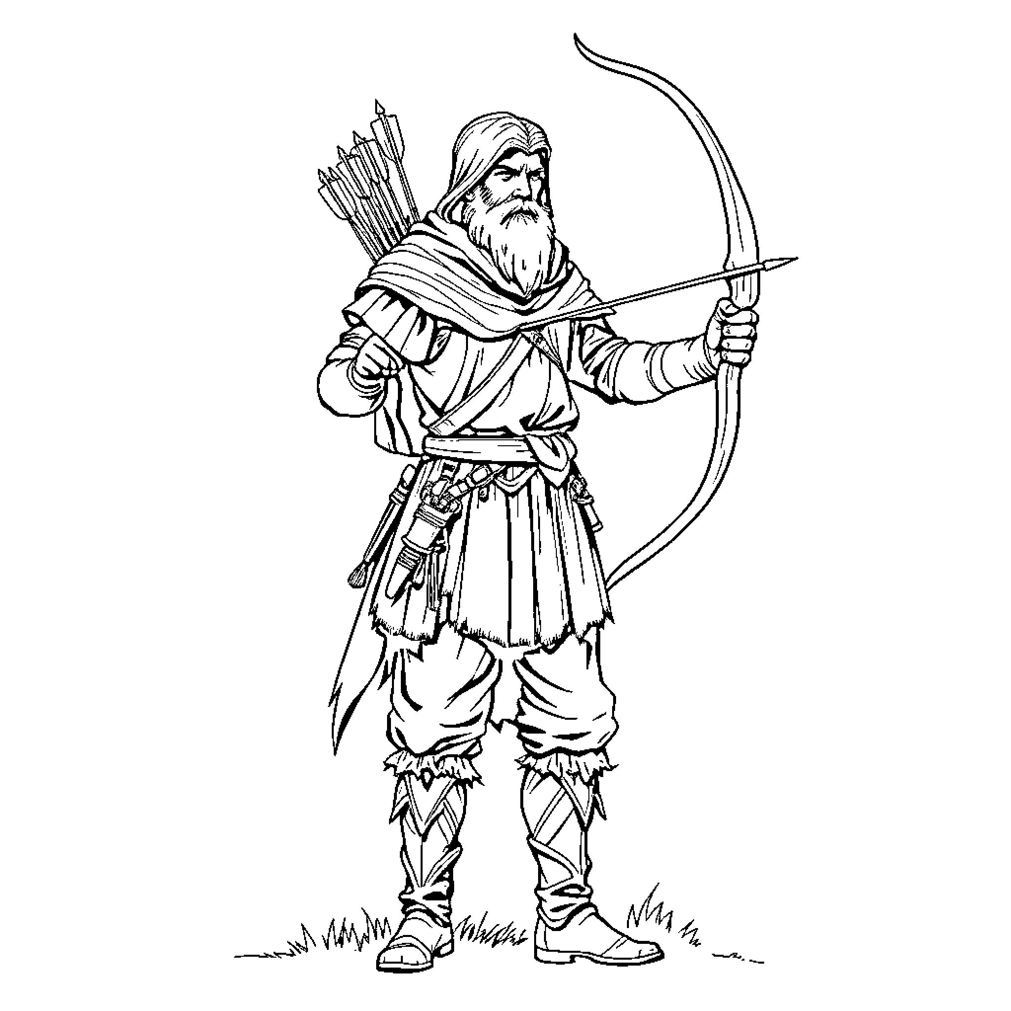 Archer in a Rugged Outfit Aiming His Bow Coloring Page (free black-and-white line drawing printable PDF for all, from beginners to advanced learners, including children, teens, adults, and seniors)
