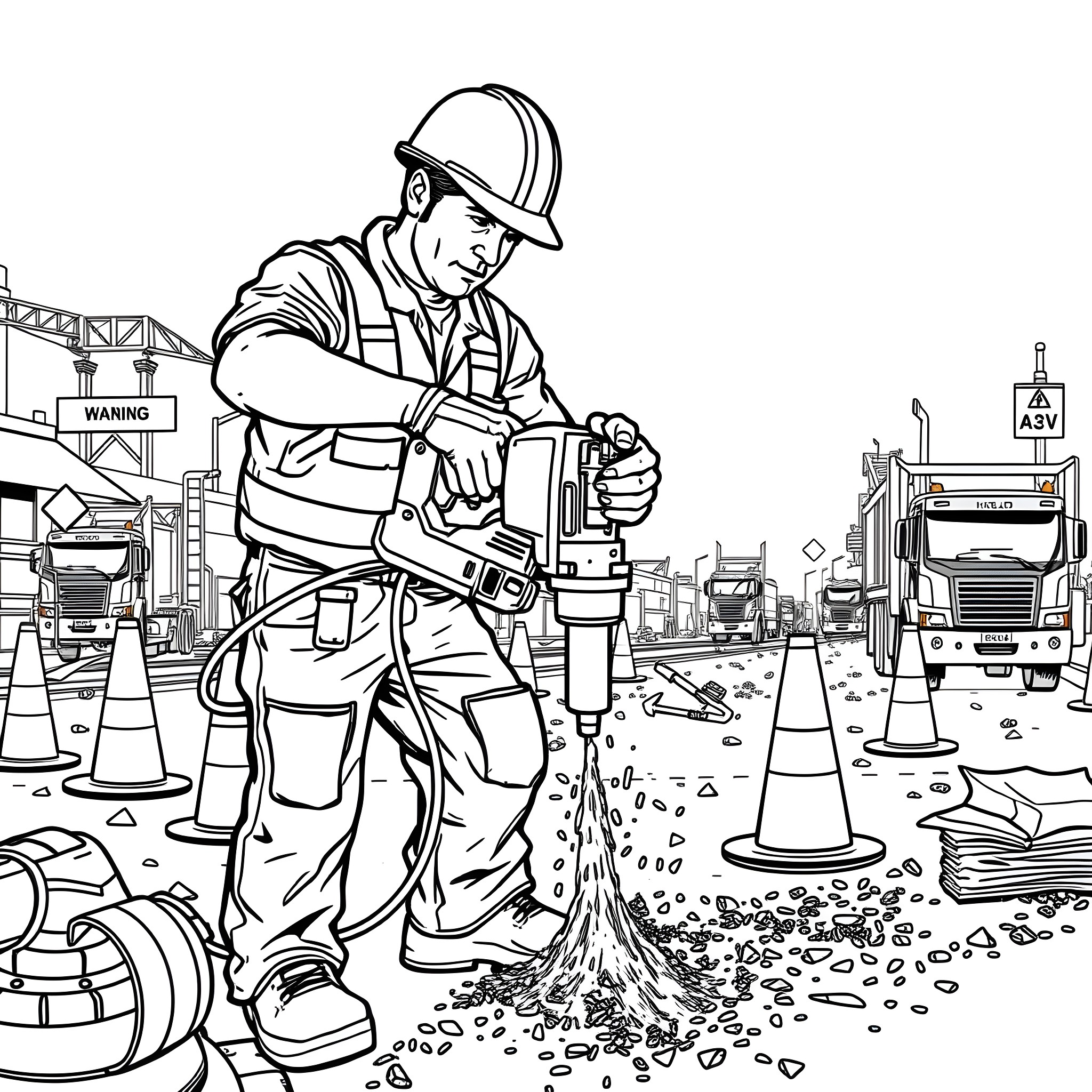 Worker operating heavy machinery on construction site Coloring Page (free black-and-white line drawing printable PDF for all, from beginners to advanced learners, including children, teens, adults, and seniors)