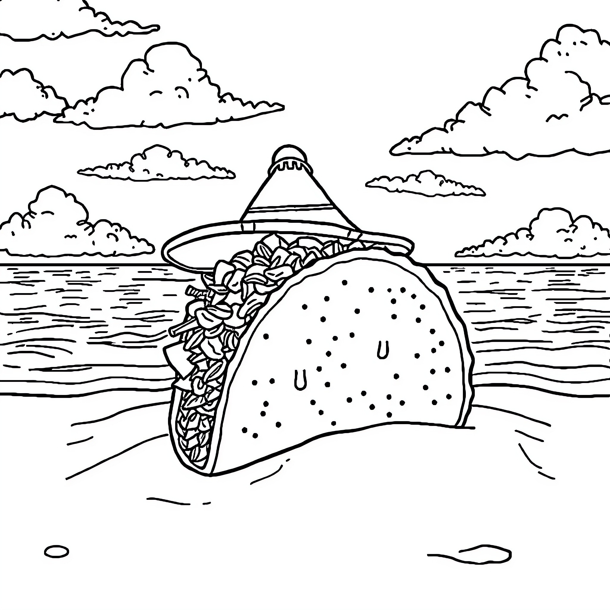 Taco floating on the ocean Coloring Page (free black-and-white line drawing printable PDF for all, from beginners to advanced learners, including children, teens, adults, and seniors)