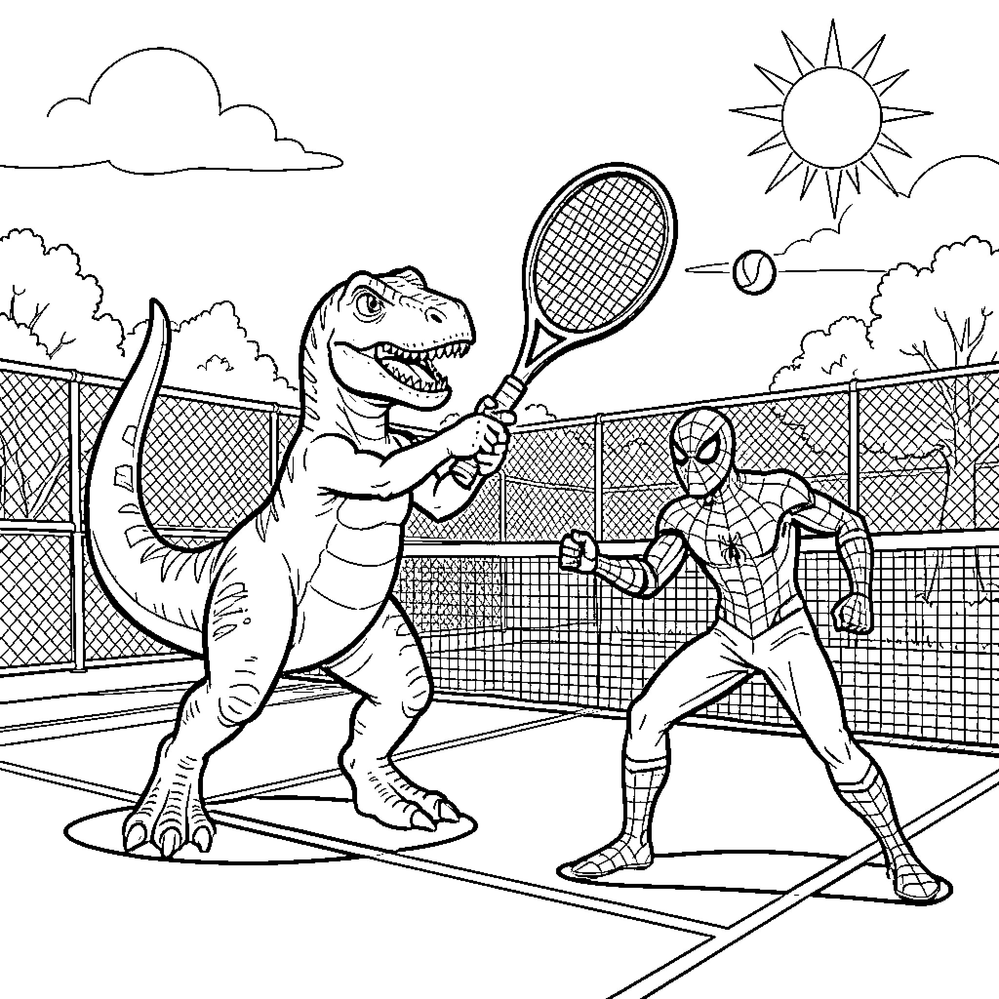 Dinosaur and superhero playing tennis on a court Coloring Page (free black-and-white line drawing printable PDF for all, from beginners to advanced learners, including children, teens, adults, and seniors)