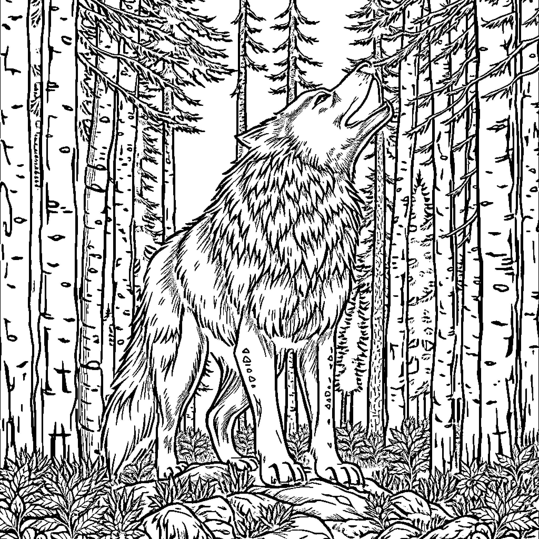 Wolf howling in the enchanted forest Coloring Page (free black-and-white line drawing printable PDF for all, from beginners to advanced learners, including children, teens, adults, and seniors)