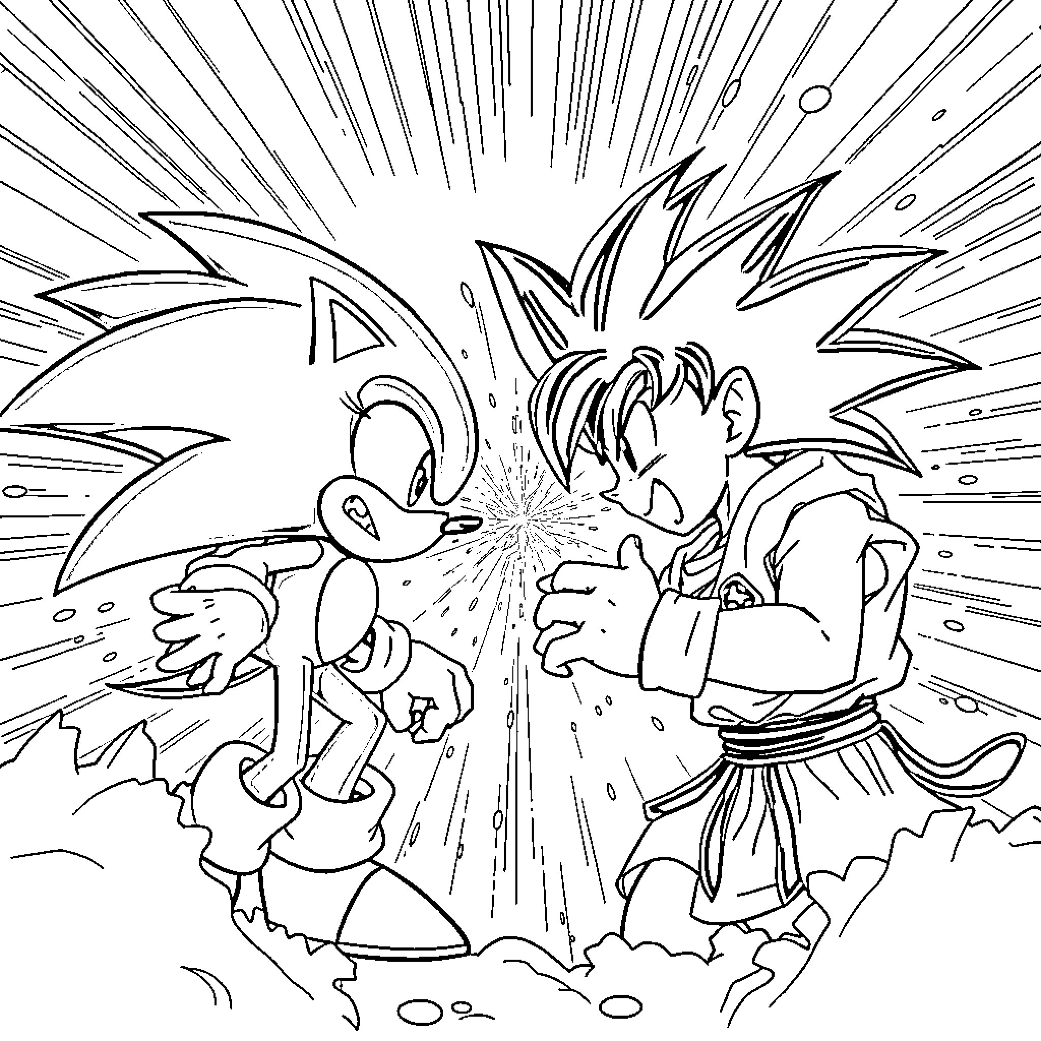 Sonic characters in dynamic battle scene Coloring Page (free black-and-white line drawing printable PDF for all, from beginners to advanced learners, including children, teens, adults, and seniors)