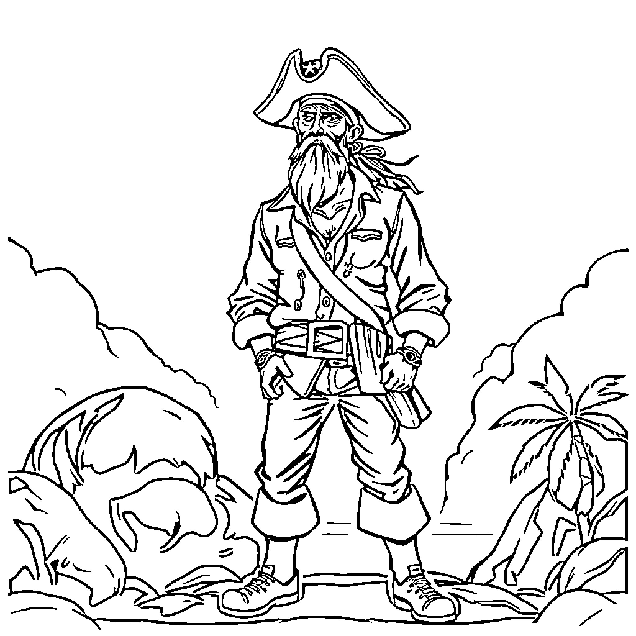 Pirate Clothing - Fearsome Pirate Stands Firm on Tropical Shore Coloring Page (free black-and-white line drawing printable PDF for all, from beginners to advanced learners, including children, teens, adults, and seniors)