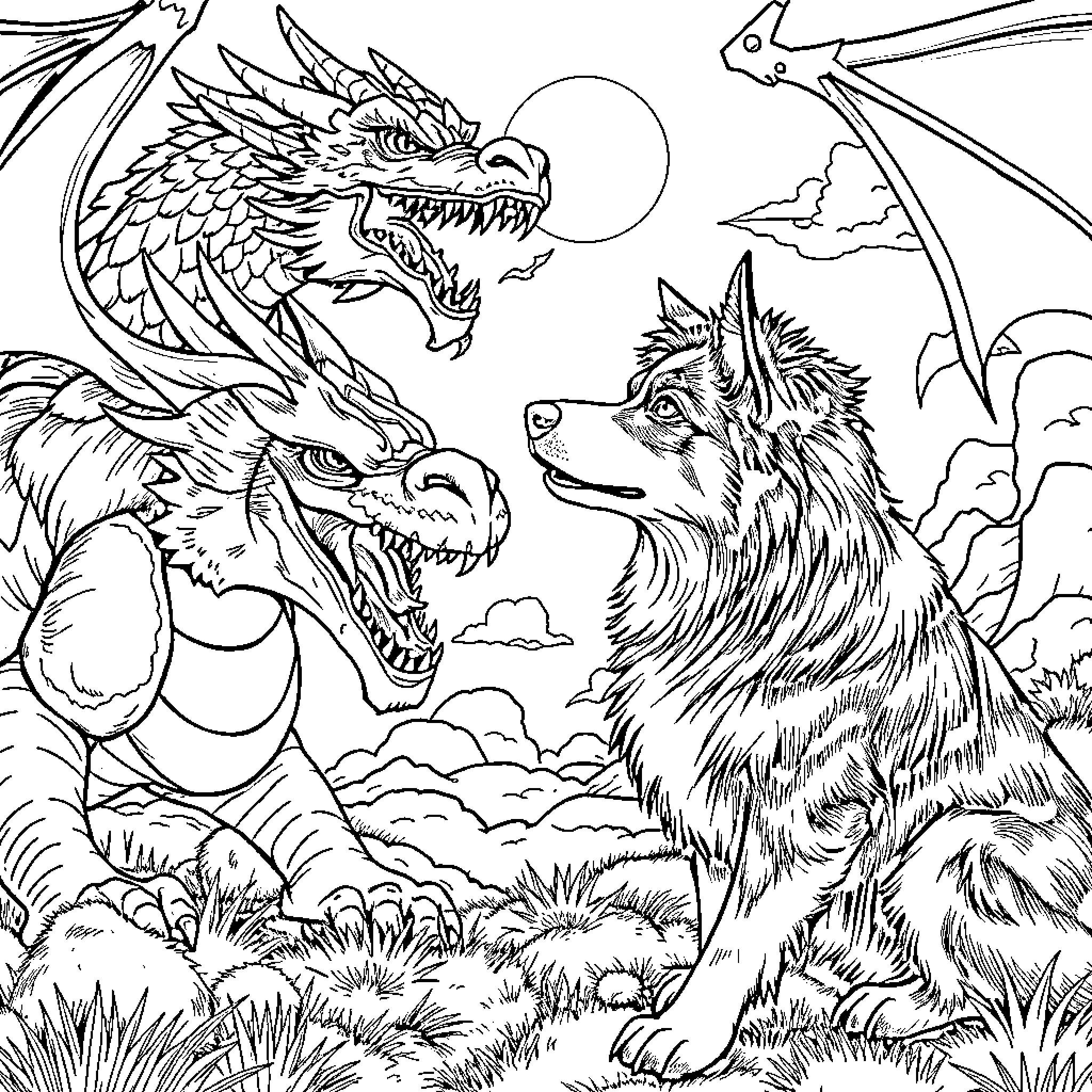 Australian Shepherd Confronting Mythical Dragons Coloring Page (free black-and-white line drawing printable PDF for all, from beginners to advanced learners, including children, teens, adults, and seniors)