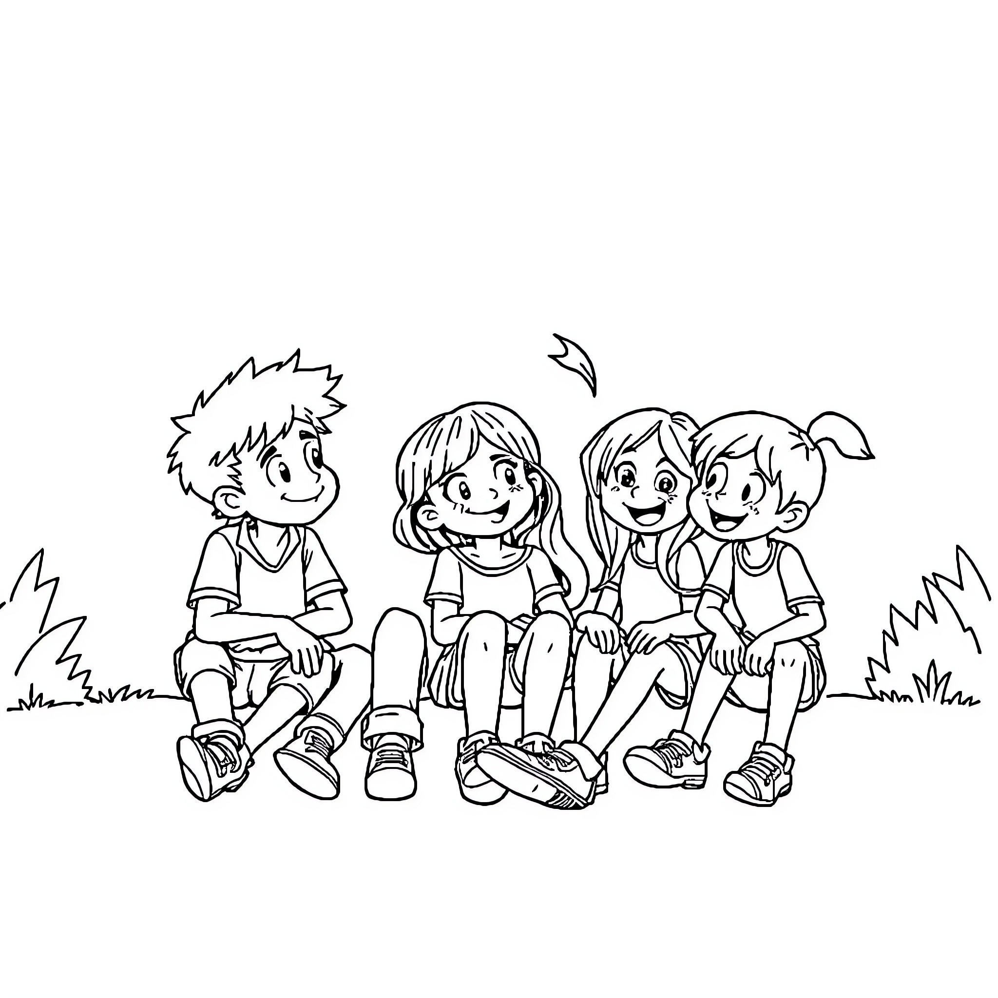 Cash-Strapped Kids Enjoying Time Together Coloring Page (free black-and-white line drawing printable PDF for all, from beginners to advanced learners, including children, teens, adults, and seniors)