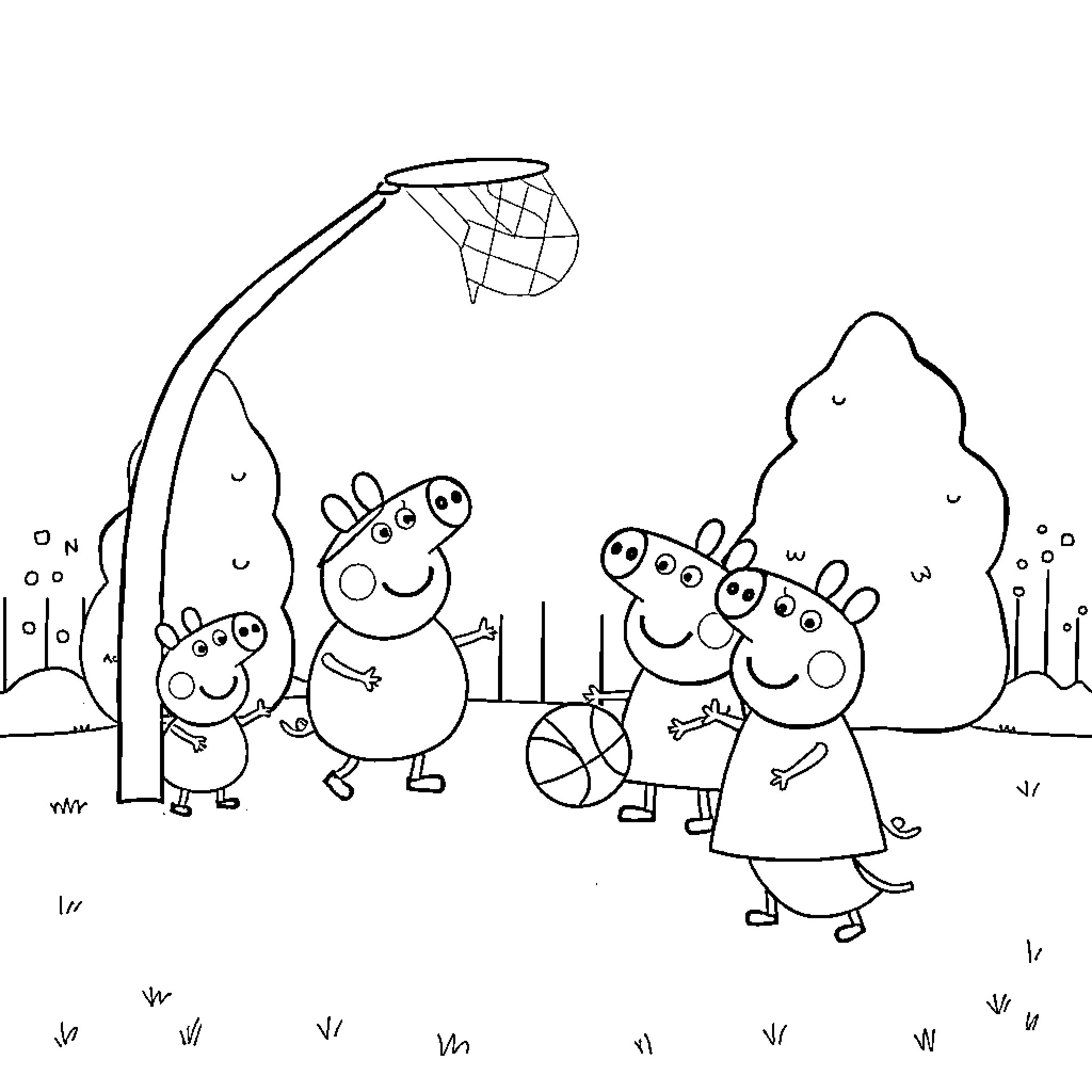Peppa Pig and friends playing outdoors Coloring Page (free black-and-white line drawing printable PDF for all, from beginners to advanced learners, including children, teens, adults, and seniors)