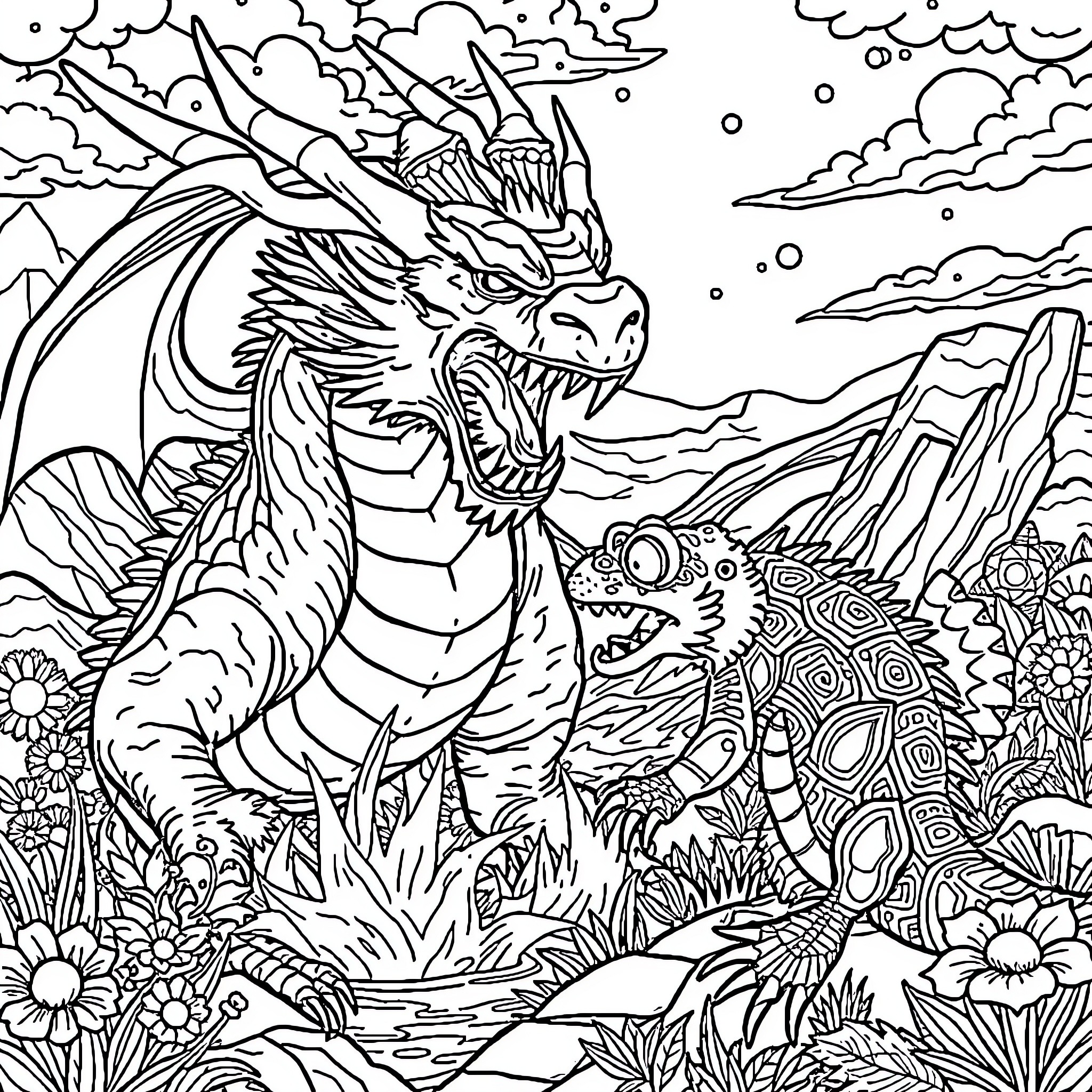 Dragon Roaring Fiercely in Mythical Landscape Coloring Page (free black-and-white line drawing printable PDF for all, from beginners to advanced learners, including children, teens, adults, and seniors)