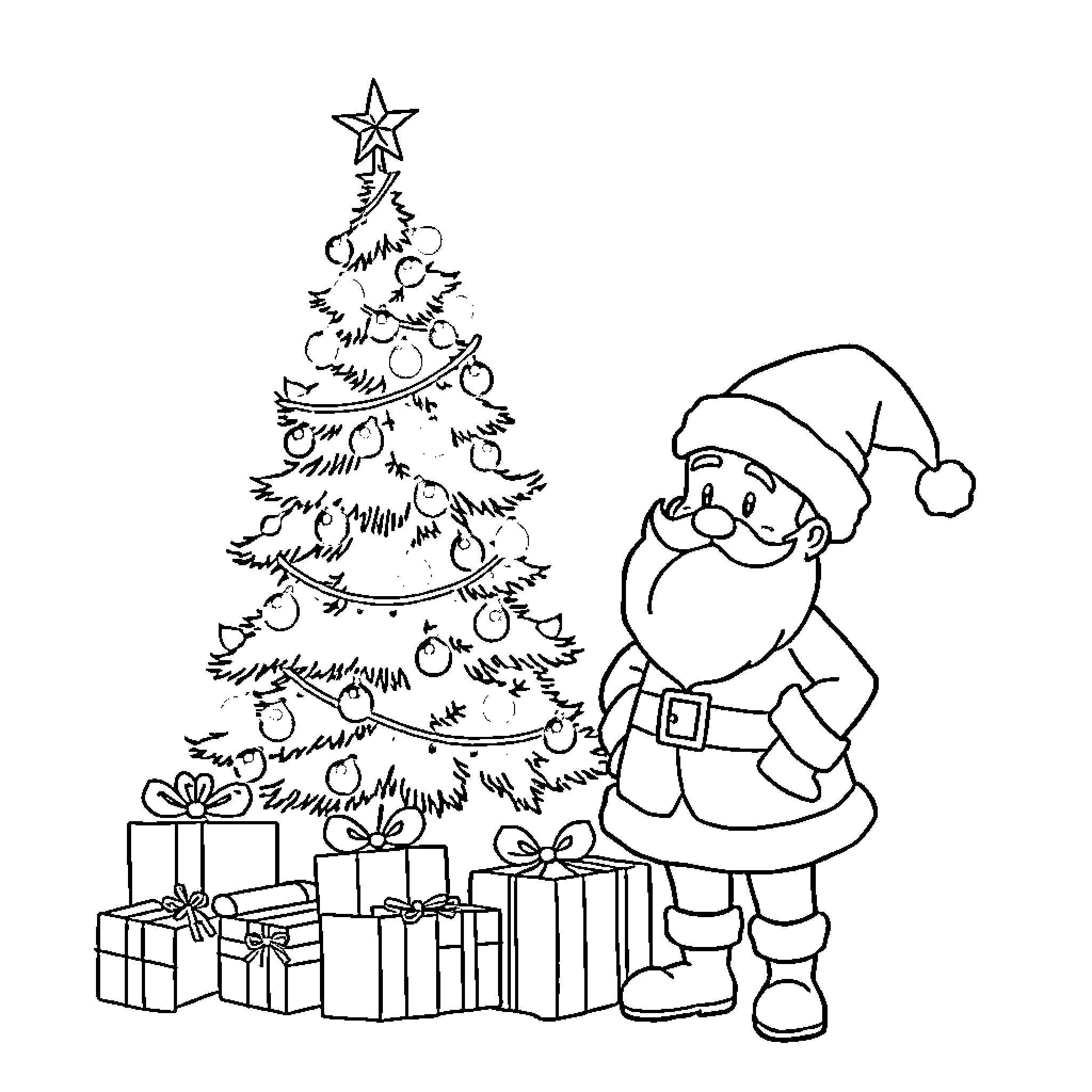 Santa decorating the Christmas tree with presents Coloring Page (free black-and-white line drawing printable PDF for all, from beginners to advanced learners, including children, teens, adults, and seniors)