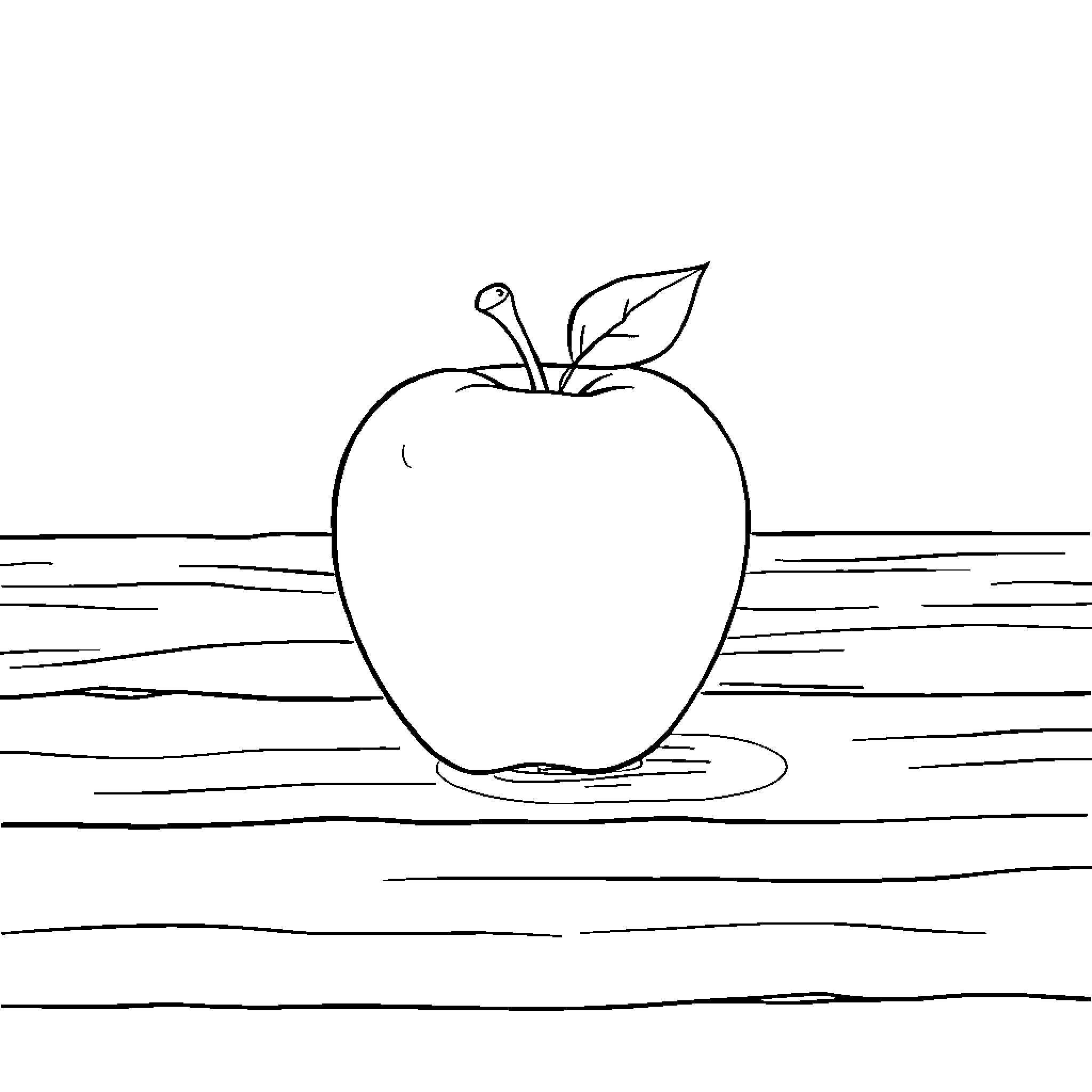 Apple on a Wooden Surface Coloring Page (free black-and-white line drawing printable PDF for all, from beginners to advanced learners, including children, teens, adults, and seniors)