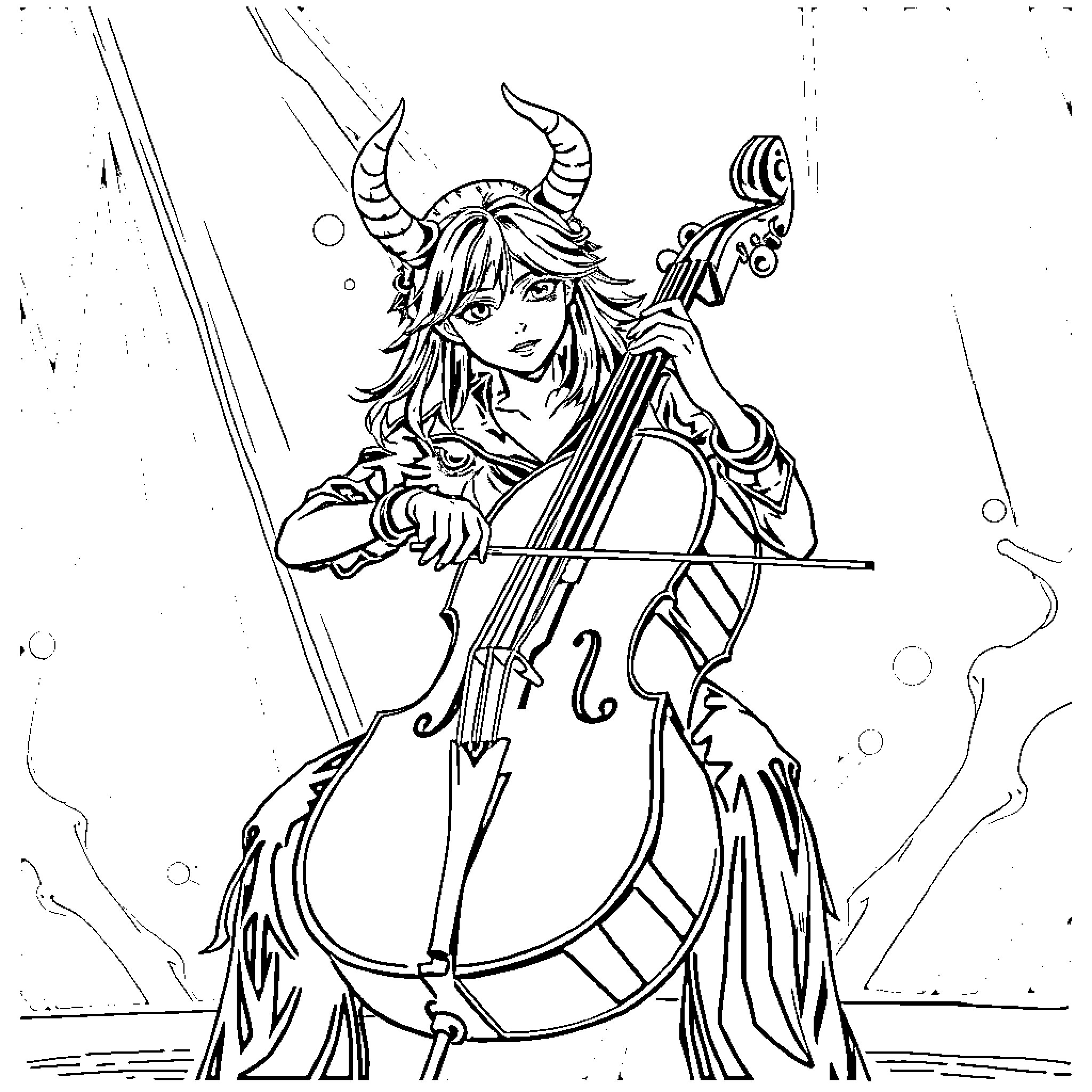 Zoey playing cello with horned costume Coloring Page (free black-and-white line drawing printable PDF for all, from beginners to advanced learners, including children, teens, adults, and seniors)